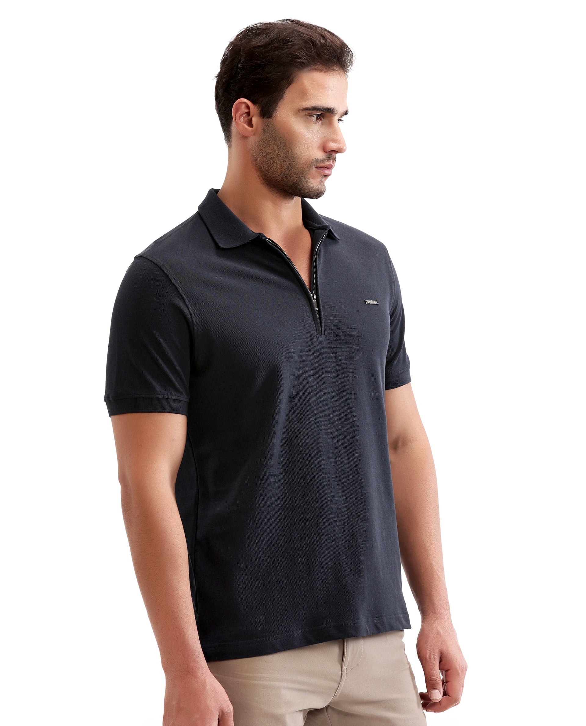 Midnight Navy Blue Pique Polo with 7C Metal Zip, Metal Badge