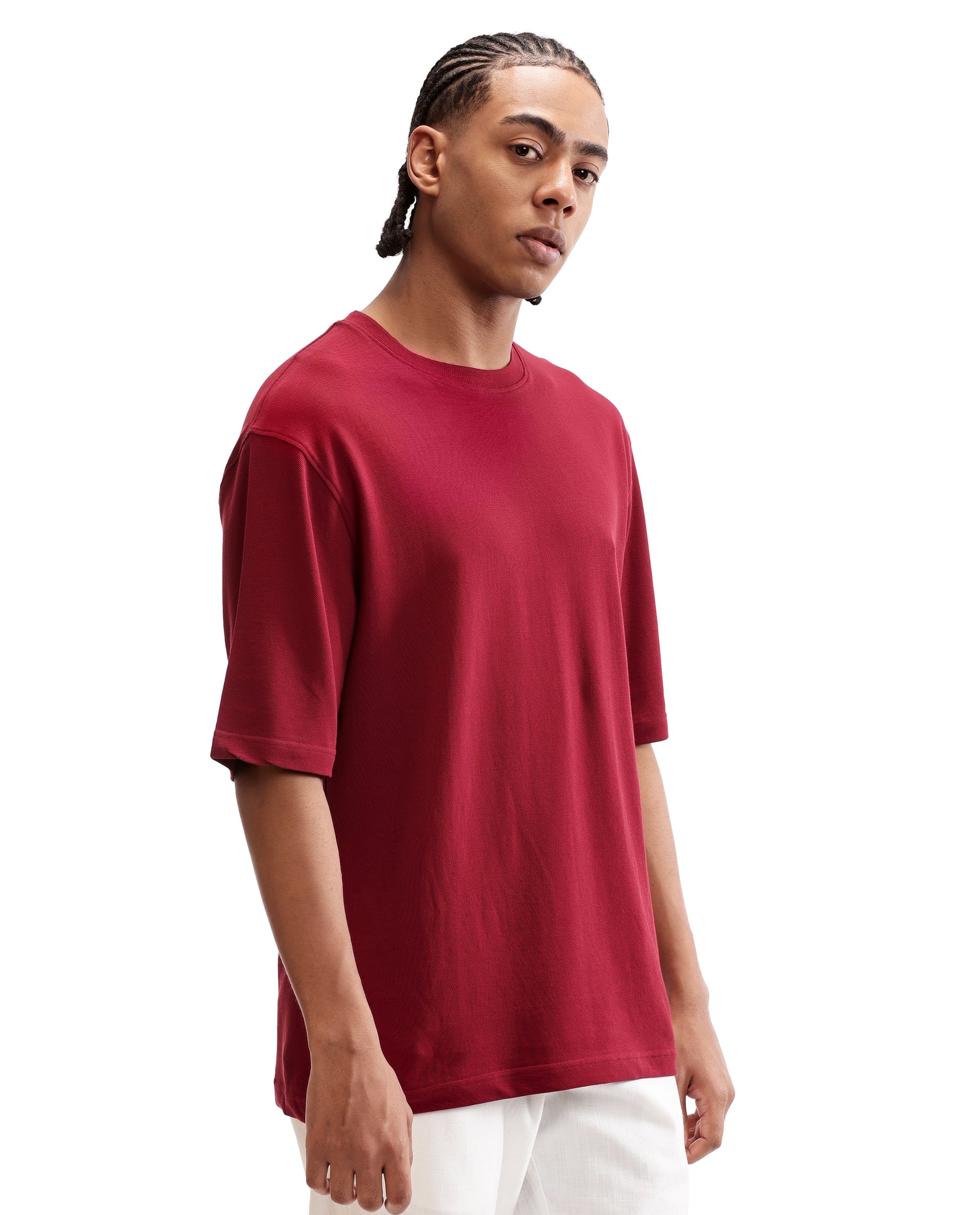 Bordeaux Maroon Pique Crew Neck Oversized T-Shirt