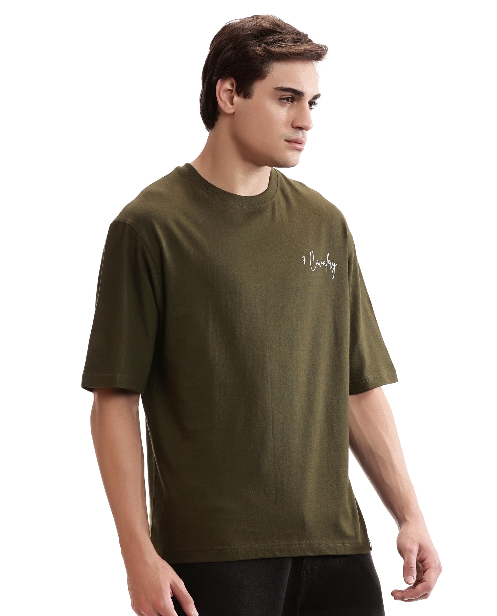 Vintage Olive Single Jersey Crew Neck Oversized T-Shirt with Pure White Non-PVC Print