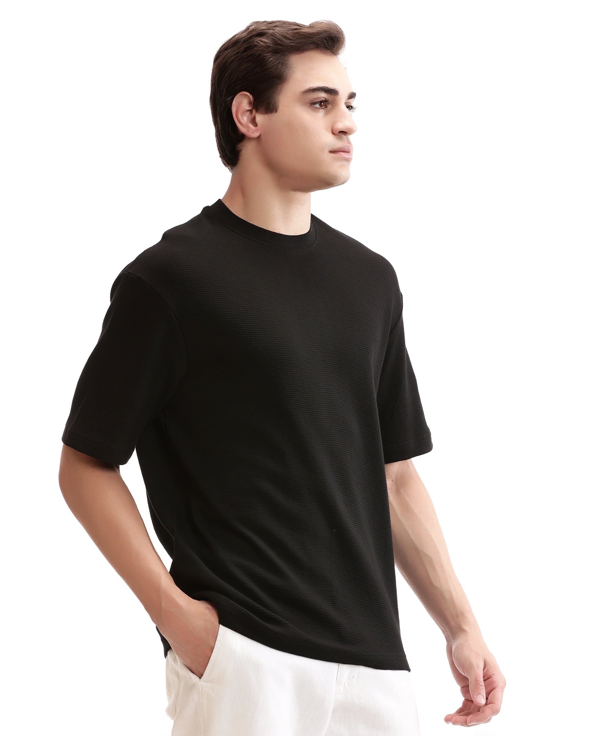 Charcoal Black Knitted Ottoman Crew Neck Oversized T-Shirt