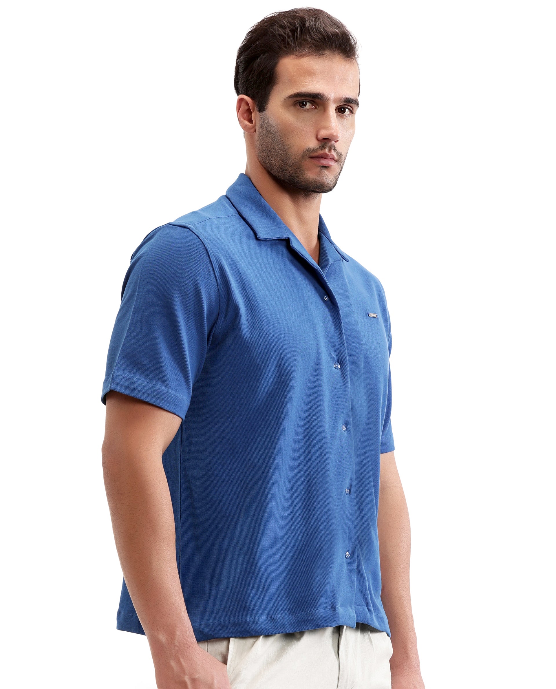 Imperial Prussian Blue Pique Knit Shirt with 7C Engraved Snap Buttons, Gun Metal Badge
