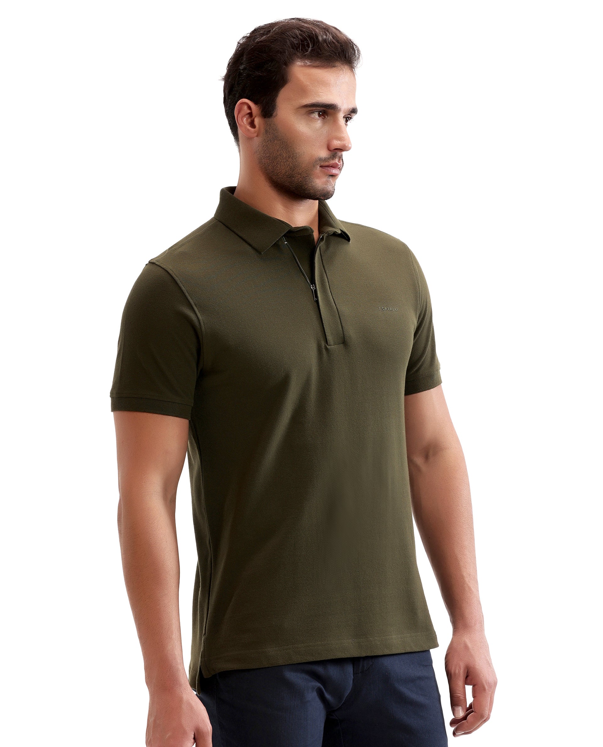 Vintage Olive Pique Polo with Concealed 7C Metal Zip, HD Print