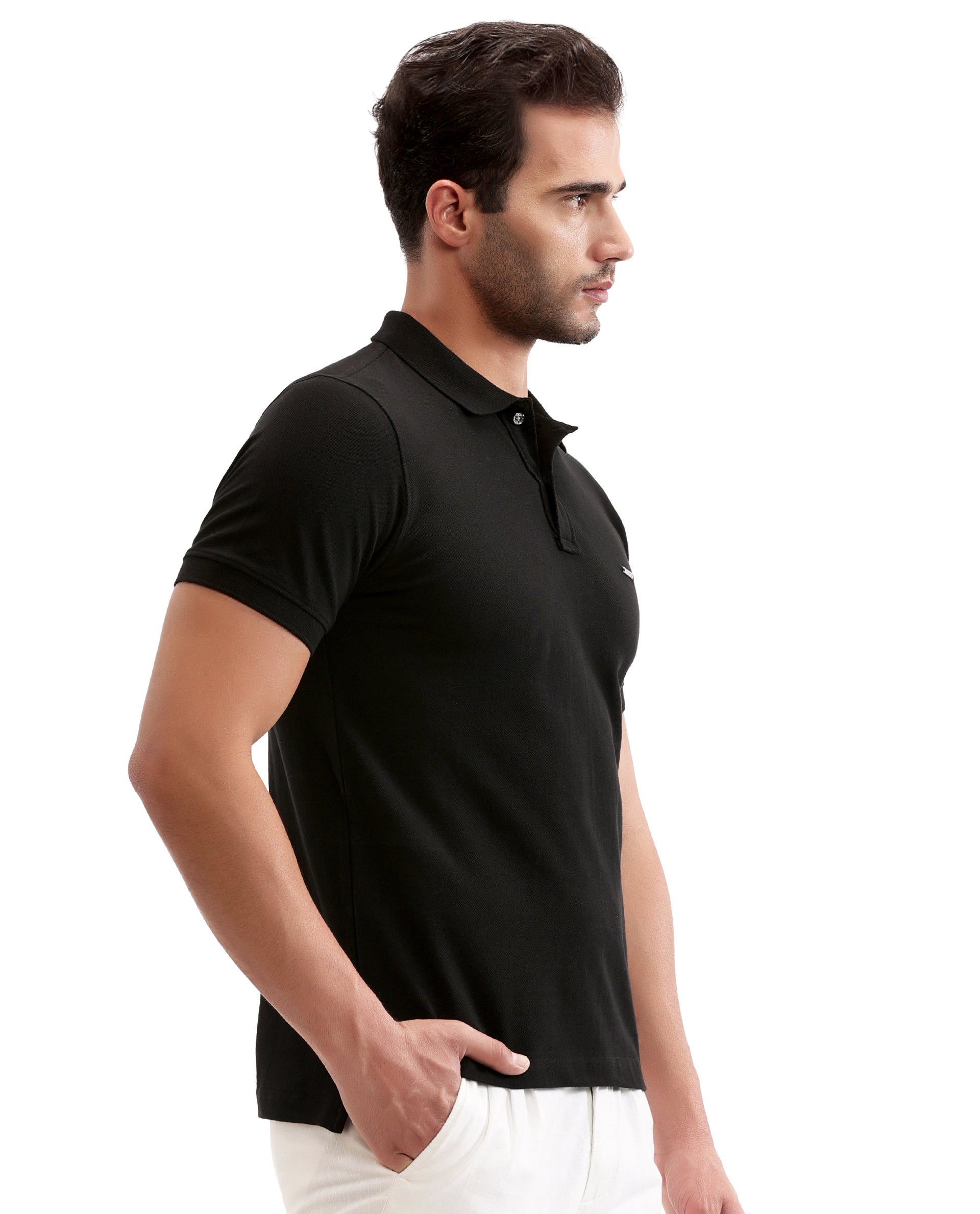 Charcoal Black Pique Polo with Metal Buttons, 7C Metal Badge