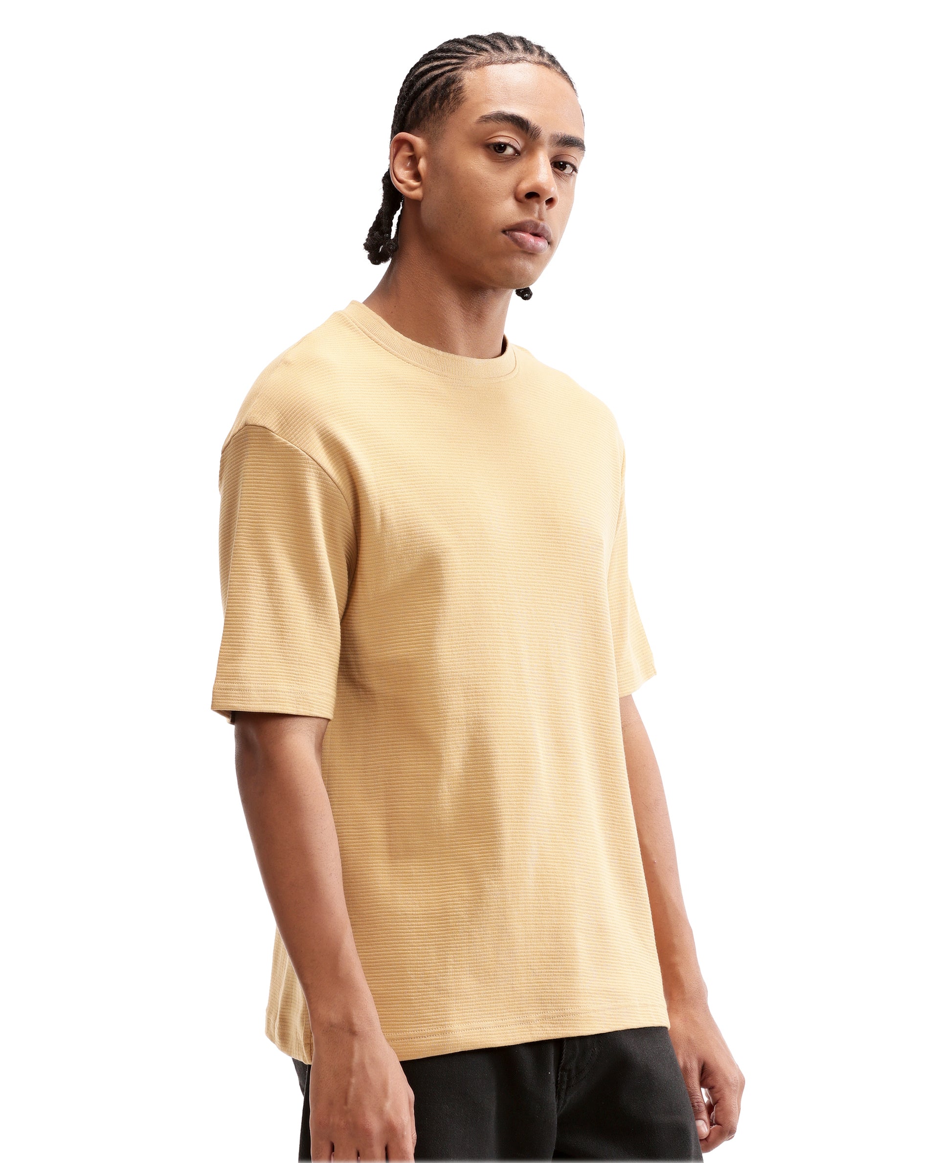 Camel Beige Knitted Ottoman Crew Neck Oversized T-Shirt