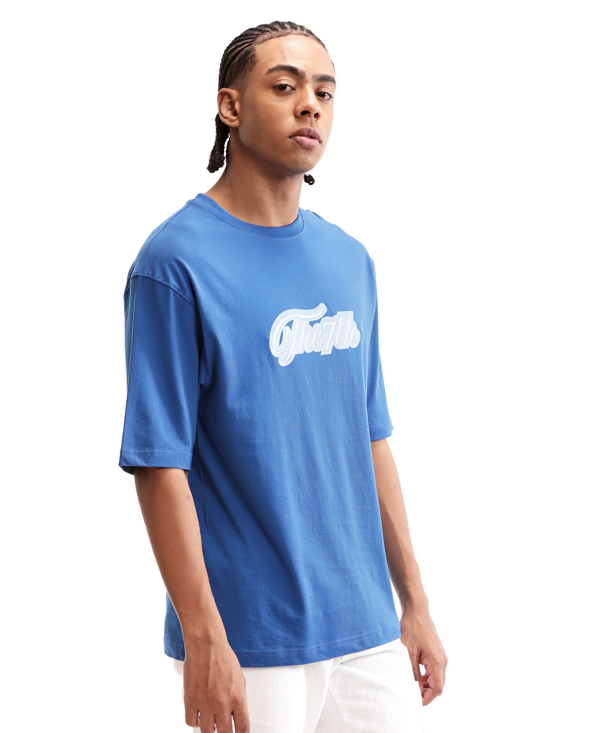 Imperial Prussian Blue Single Jersey Crew Neck Oversized T-Shirt with Light Blue Print & Pure White 7C Embroidery