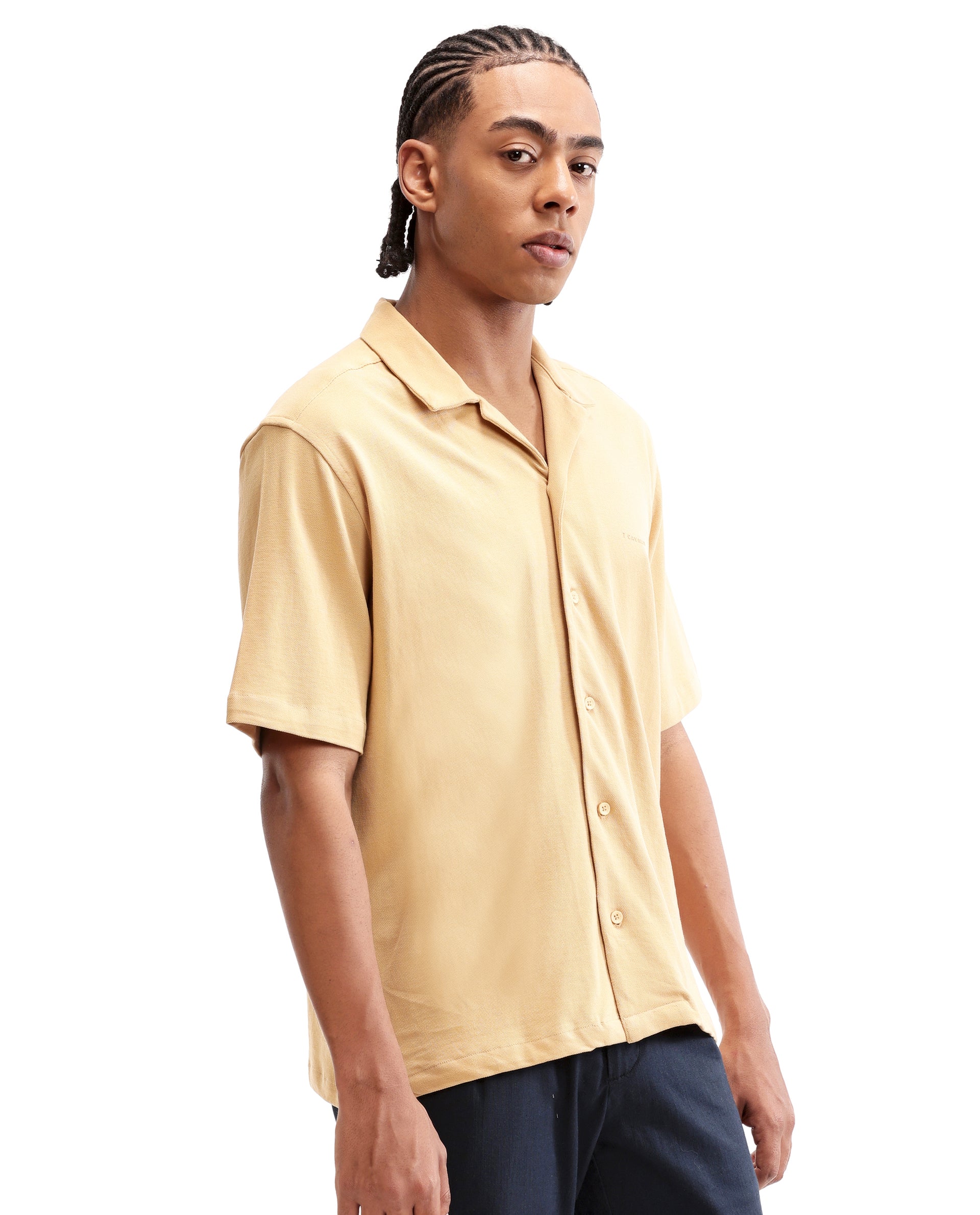 Camel Beige Pique Knit Shirt with HD Print