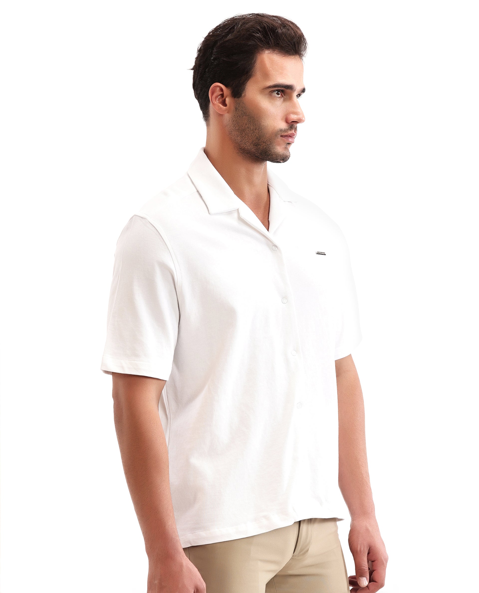 Pure White Pique Knit Shirt with 7C Engraved Snap Buttons, Gun Metal Badge