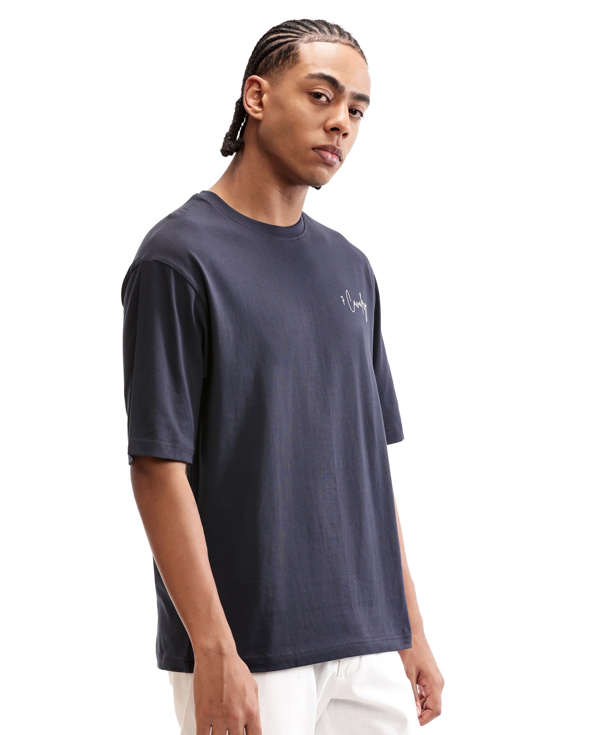 Midnight Navy Blue Single Jersey Crew Neck Oversized T-Shirt with Pure White Non-PVC Print