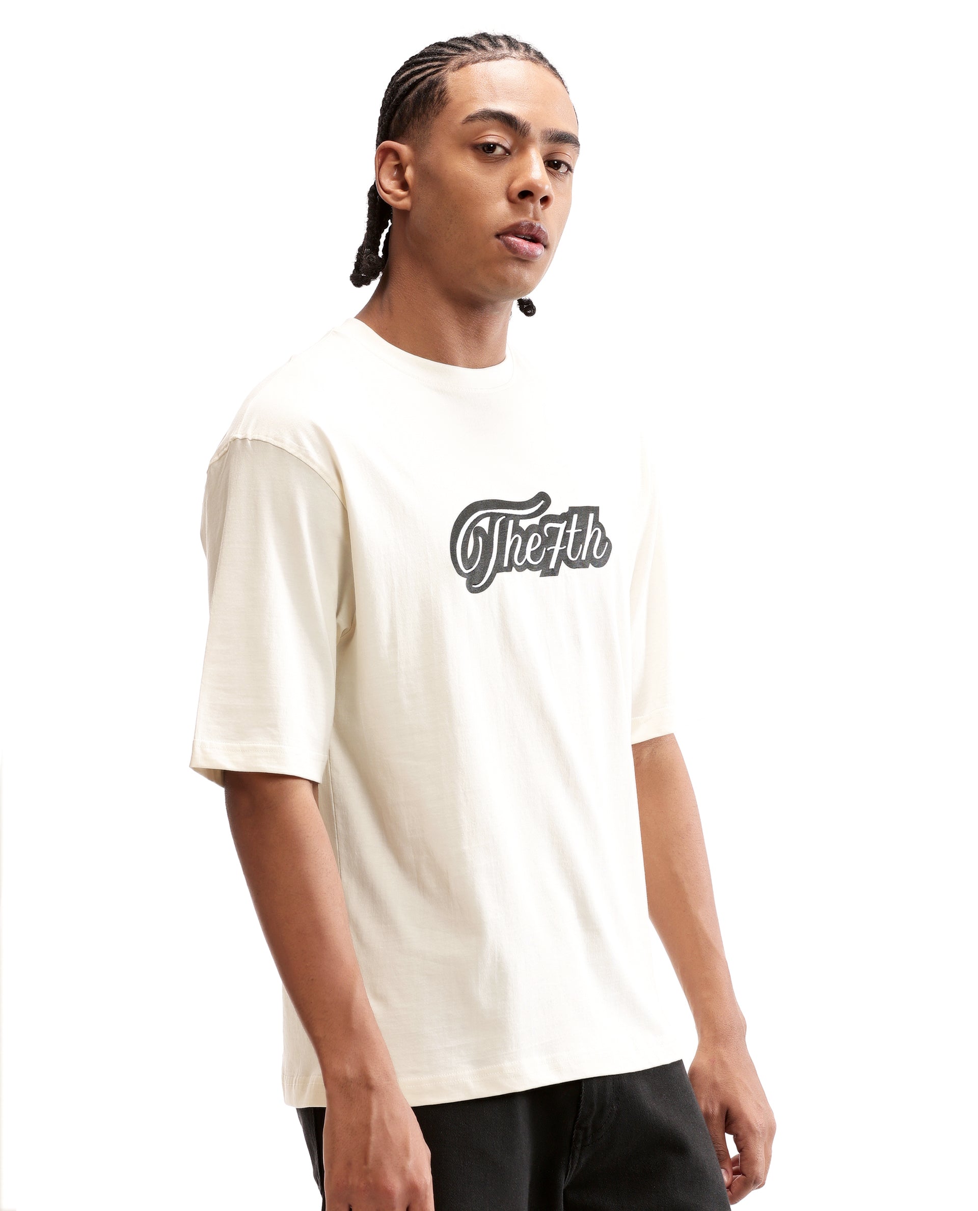 Ivory White Single Jersey Crew Neck Oversized T-Shirt with Black Print & Pure White 7C Embroidery