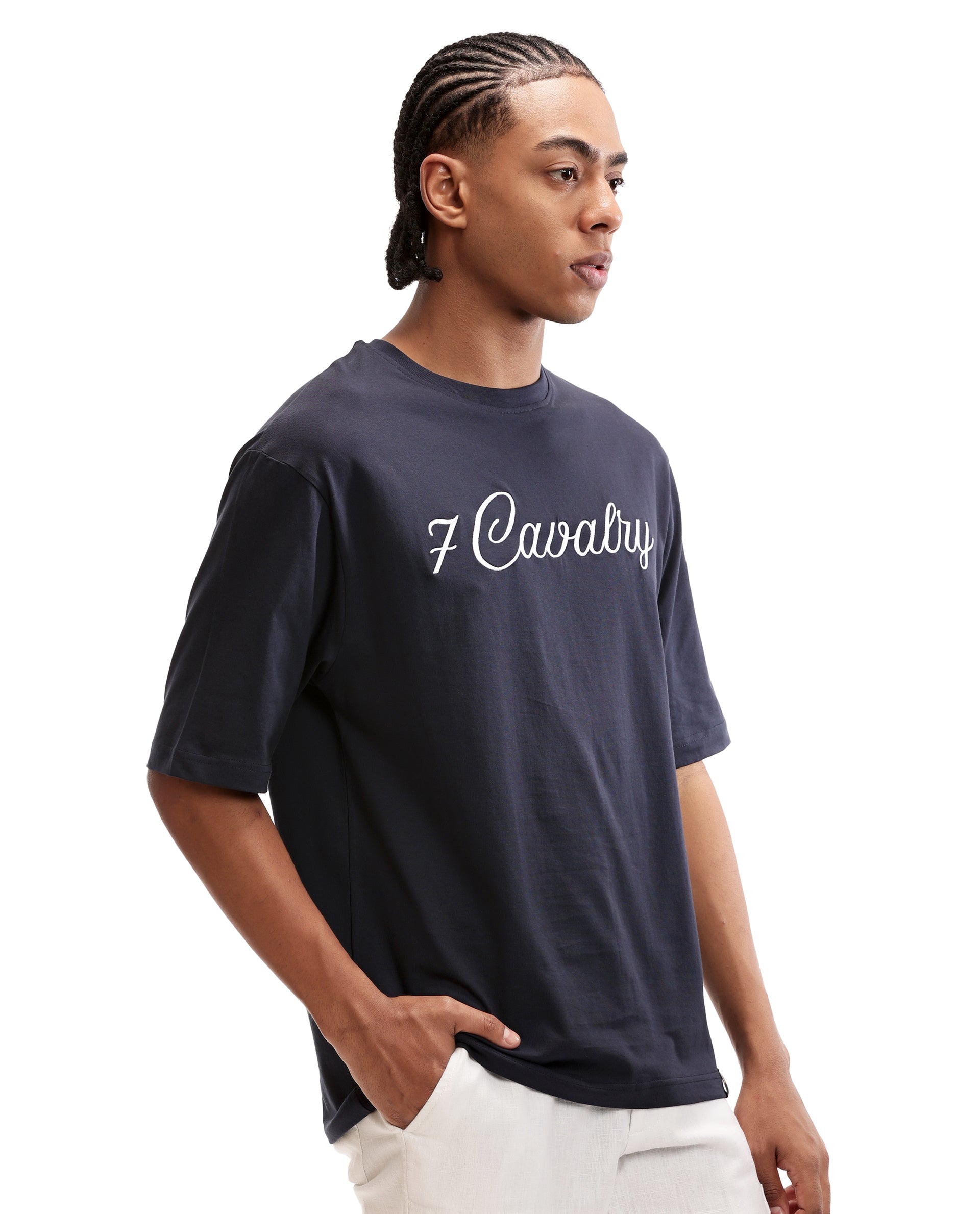 Midnight Navy Blue Single Jersey Crew Neck Oversized T-Shirt with Pure White Embroidery