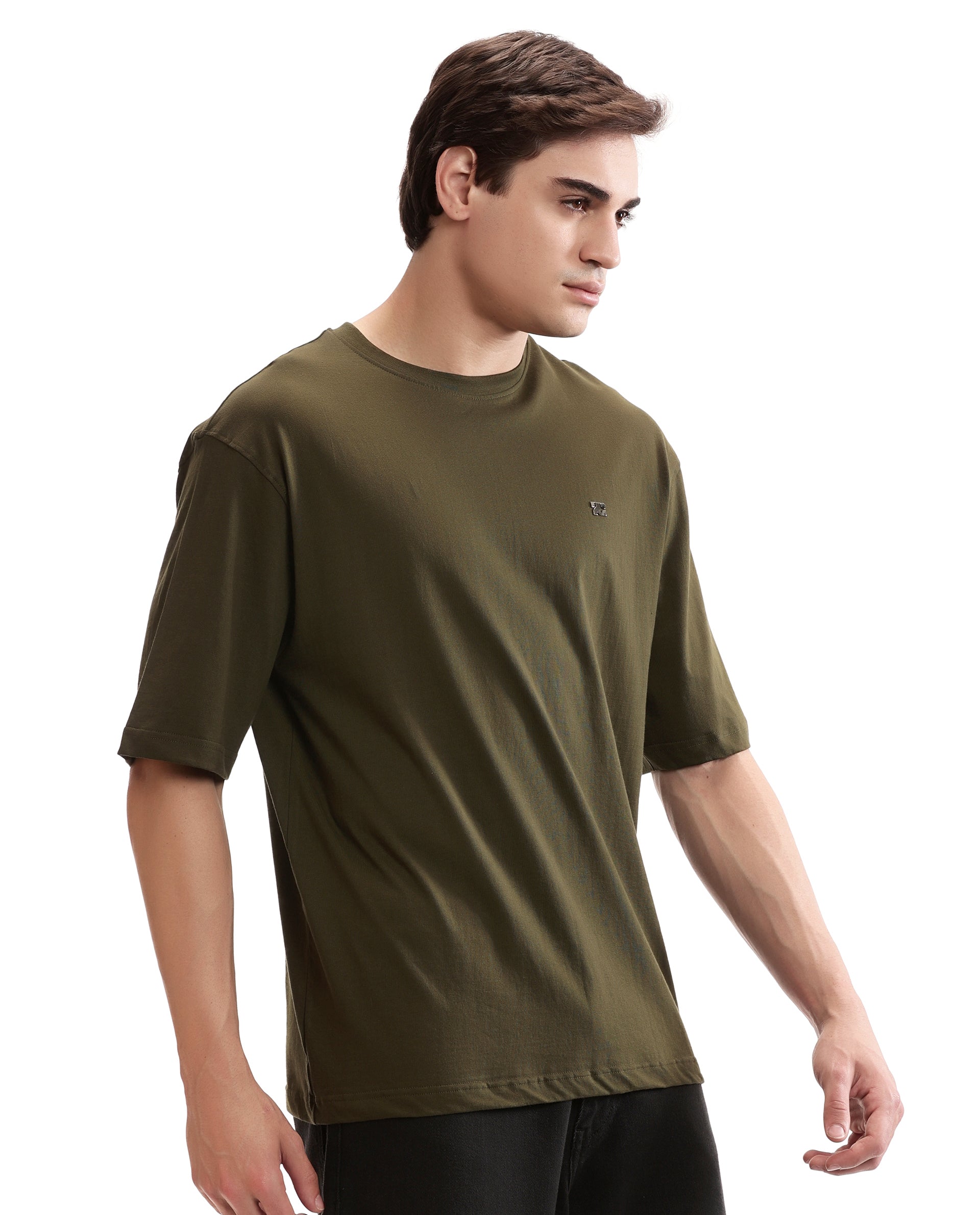 Vintage Olive Single Jersey Crew Neck Oversized T-Shirt with 7C Gun Metal Insignia