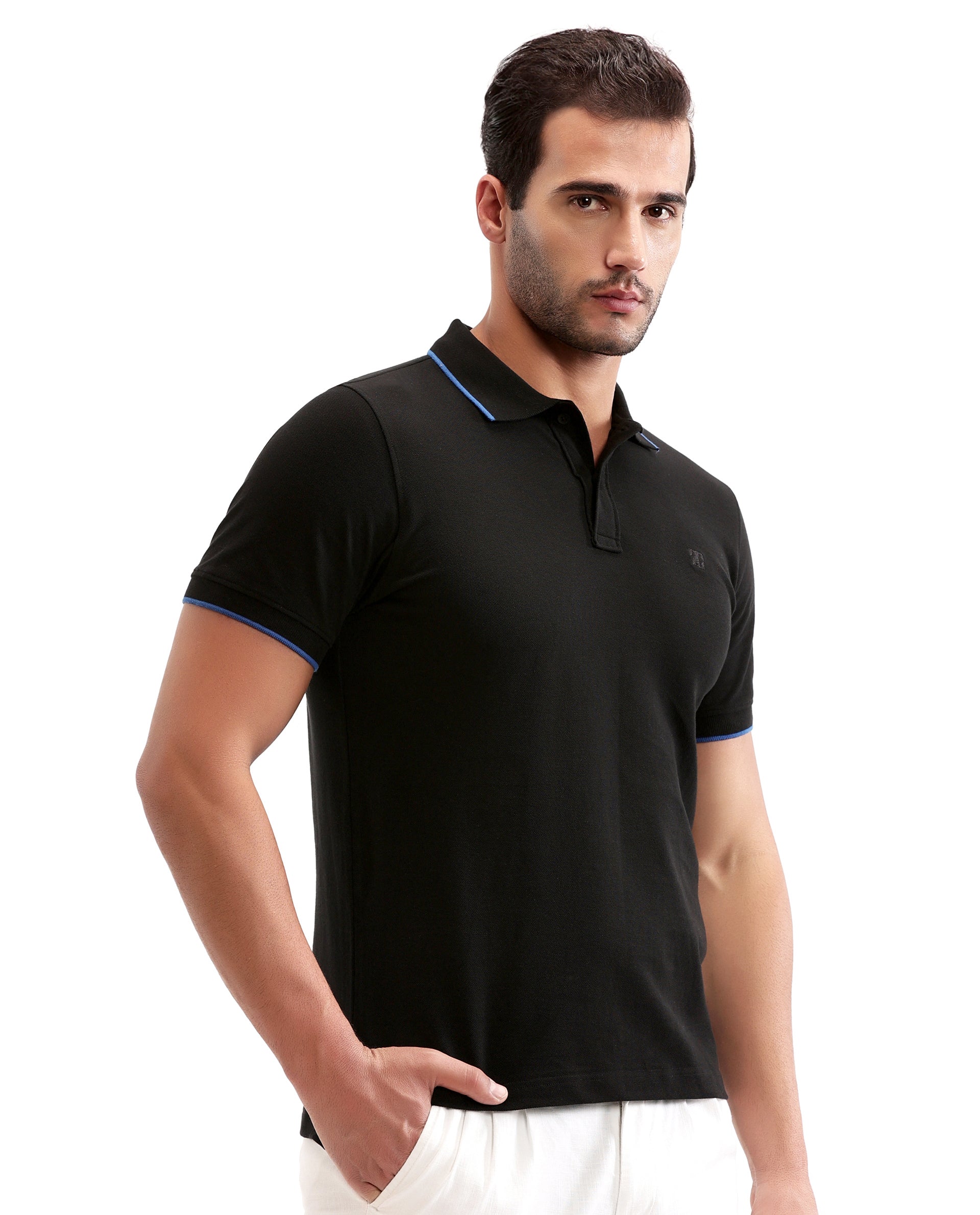 Charcoal Black Pique Polo with Imperial Prussian Blue Collar Piping, Tone-on-Tone 7C Embroidery