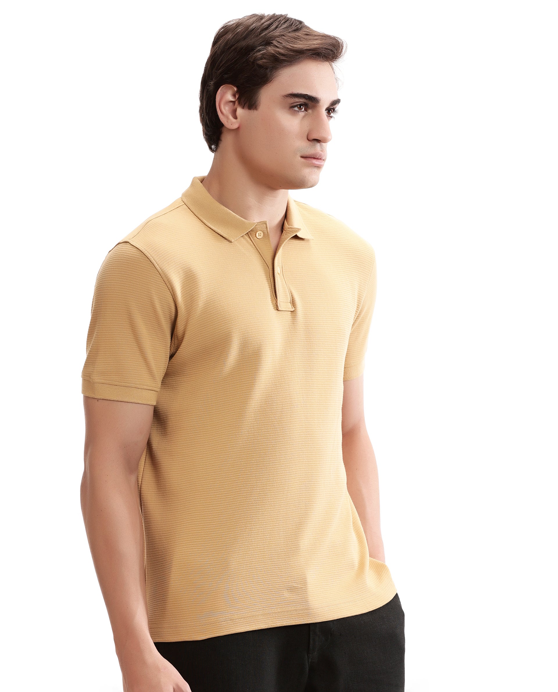 Camel Beige Knitted Ottoman Polo with Ribbed Collar