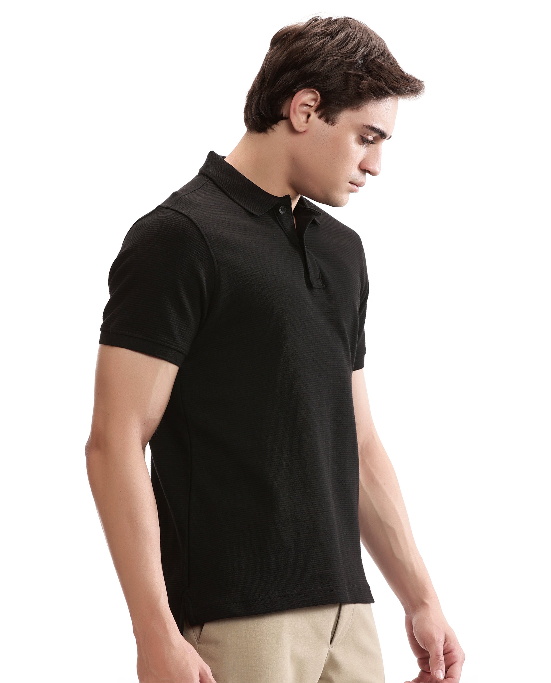Charcoal Black Knitted Ottoman Polo with Ribbed Collar