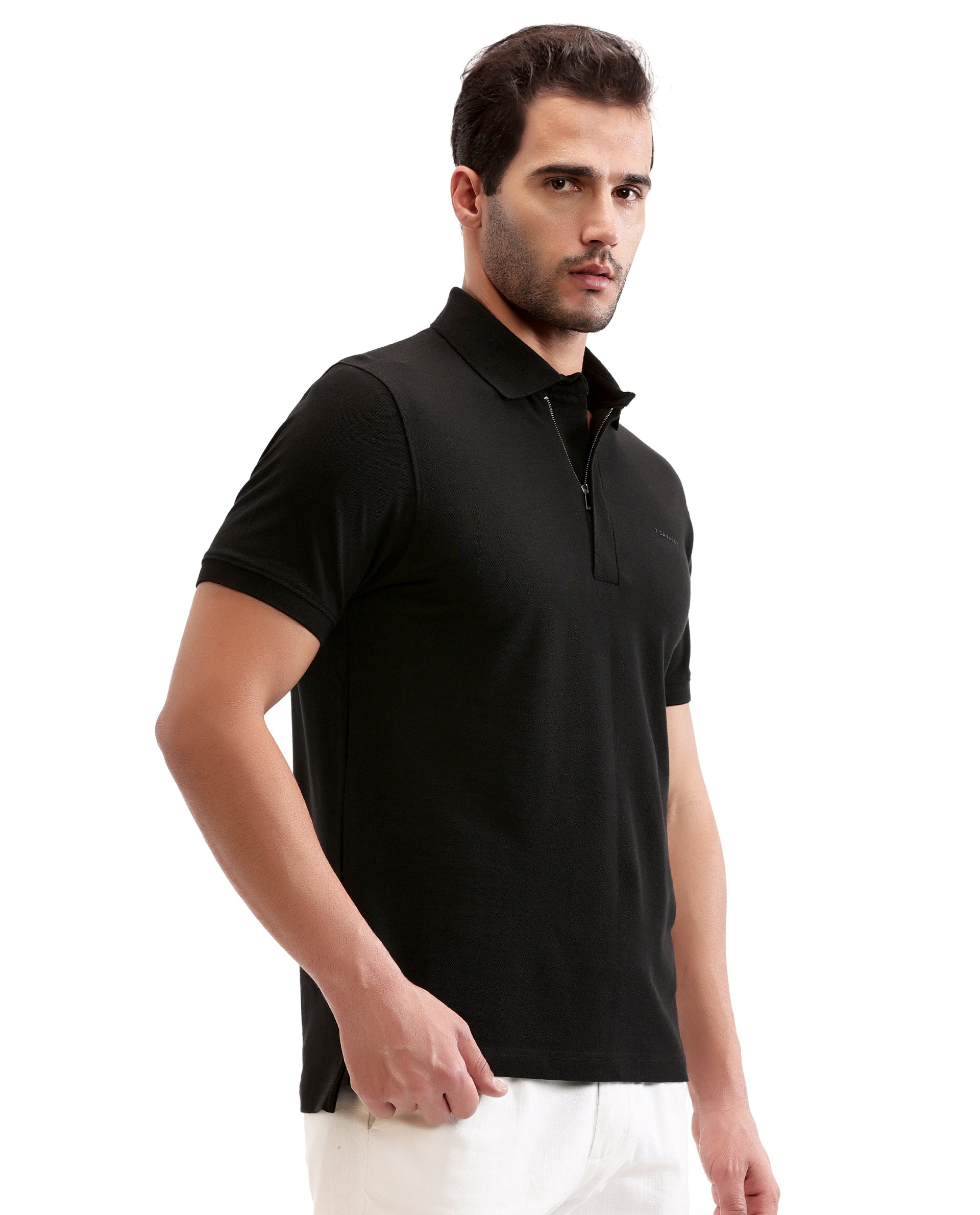 Charcoal Black Solid Polo with Concealed 7C Metal Zip, HD Print