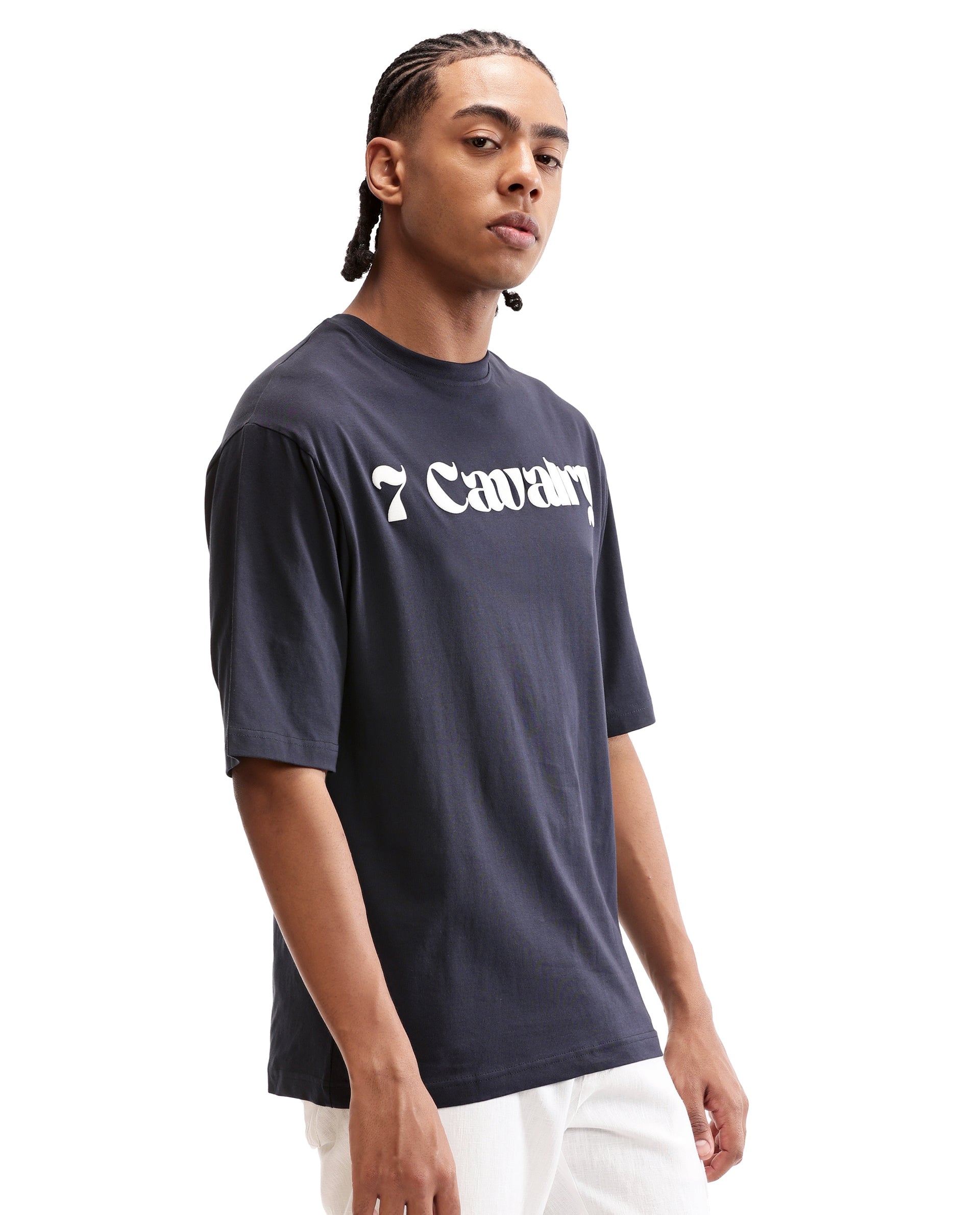 Midnight Navy Blue Single Jersey Crew Neck Oversized T-Shirt with Pure White Puff Print