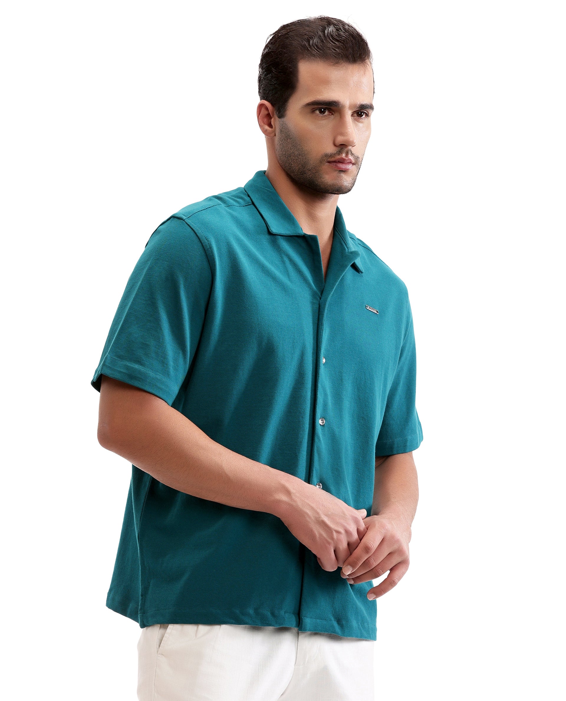Ocean Teal Pique Knit Shirt with 7C Metal Buttons, Gun Metal Badge