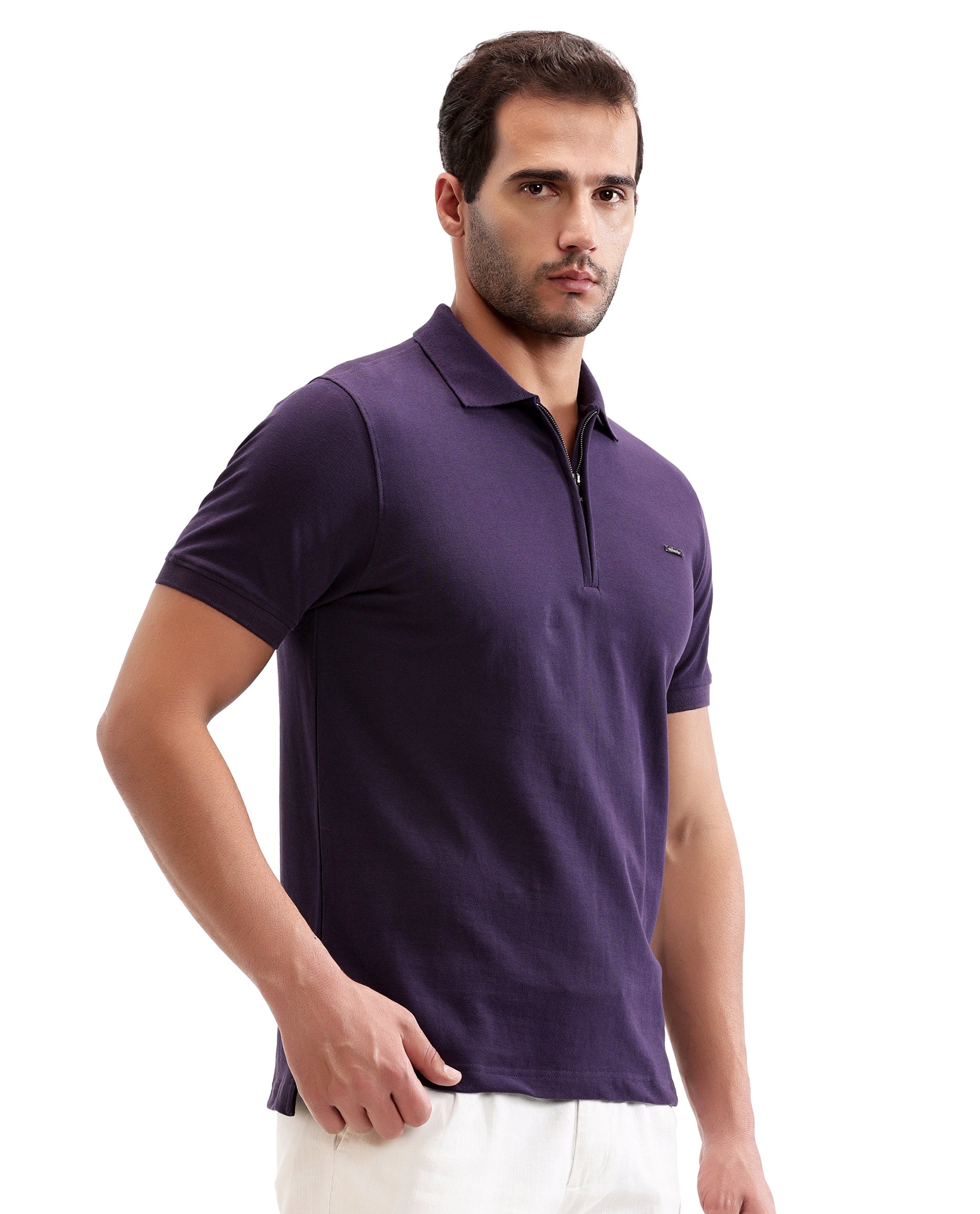 Deep Purple Pique Polo with 7C Metal Zip, Metal Badge