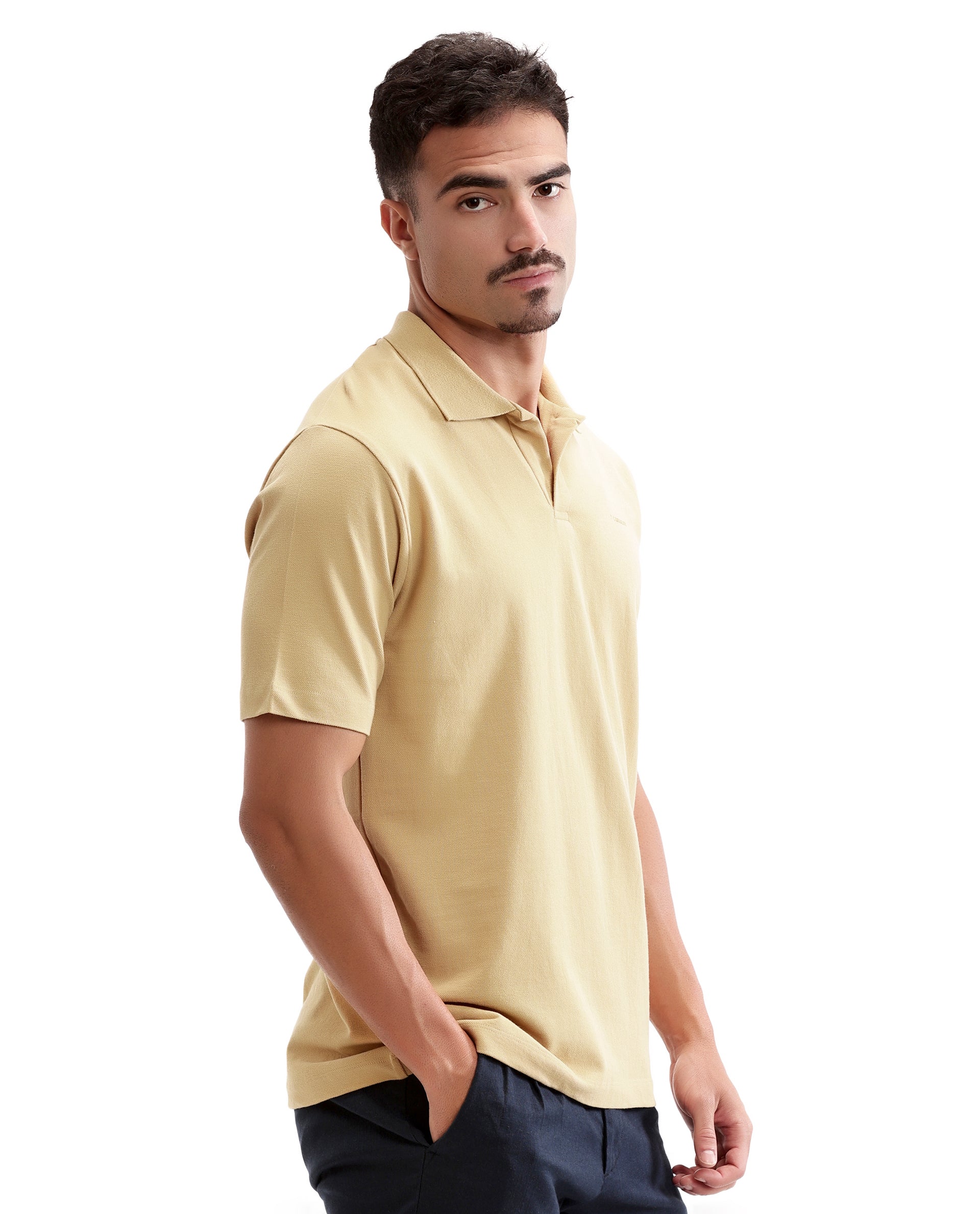 Camel Beige Pique Johnny Collar Polo with HD Print