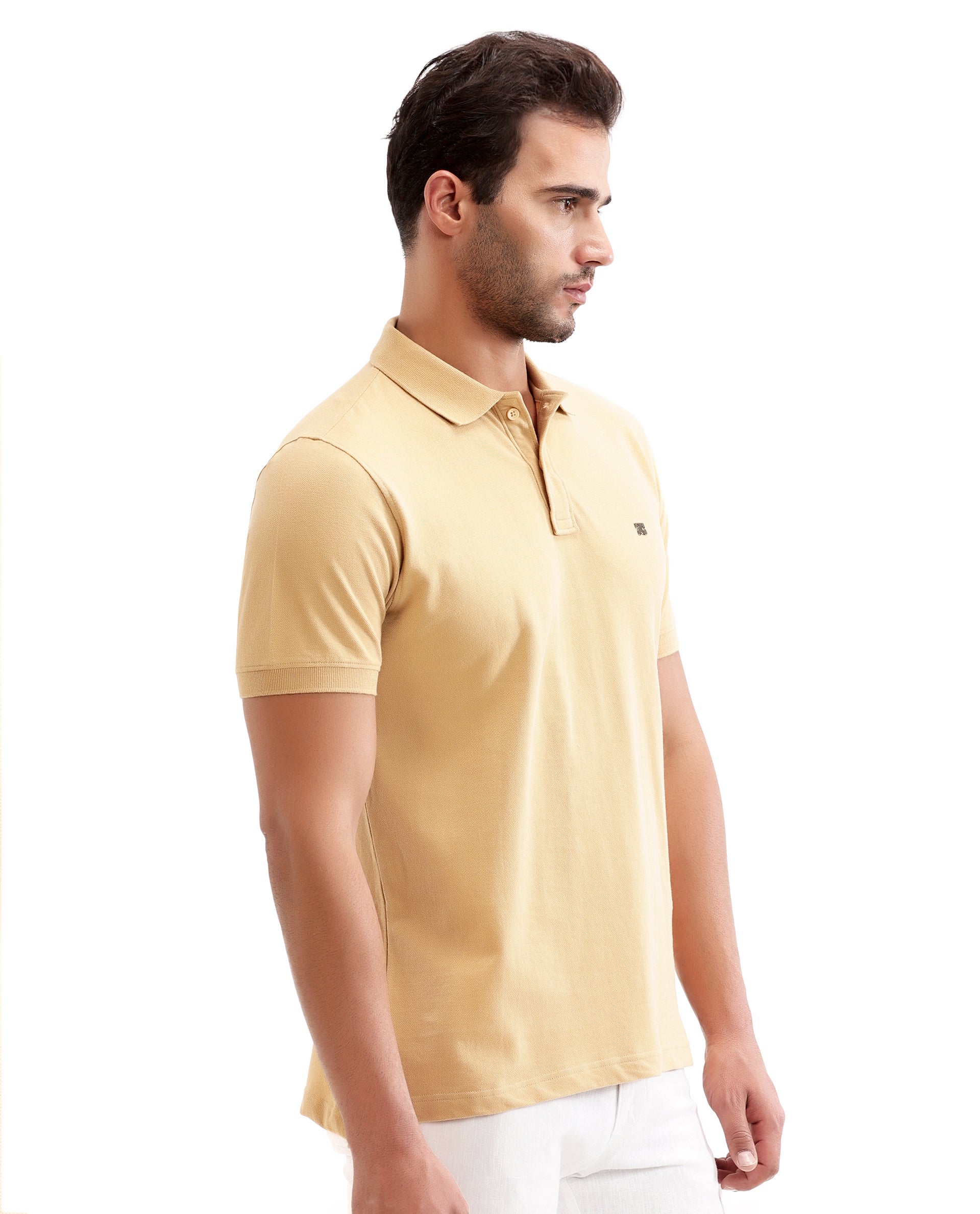 Camel Beige Pique Polo with 7C Metal Insignia