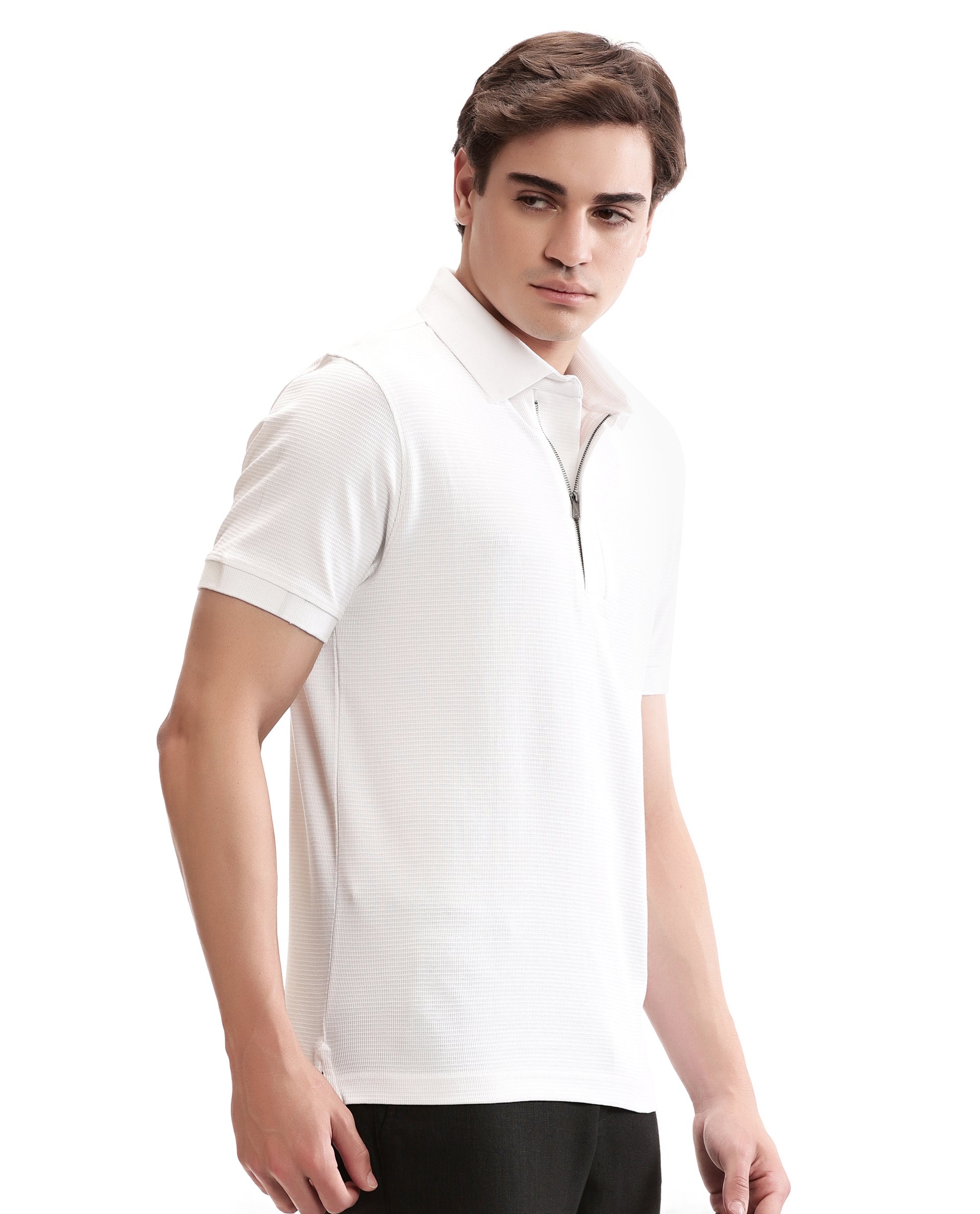 Pure White Knitted Waffle Polo with 7C Metal Zip