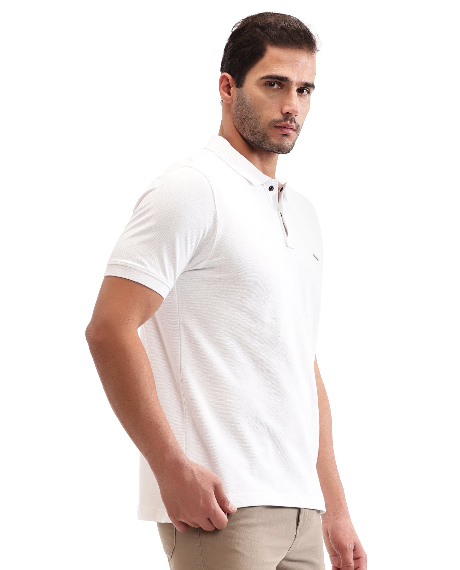 Pure White Pique Polo with 7C Snap Buttons, Metal Badge
