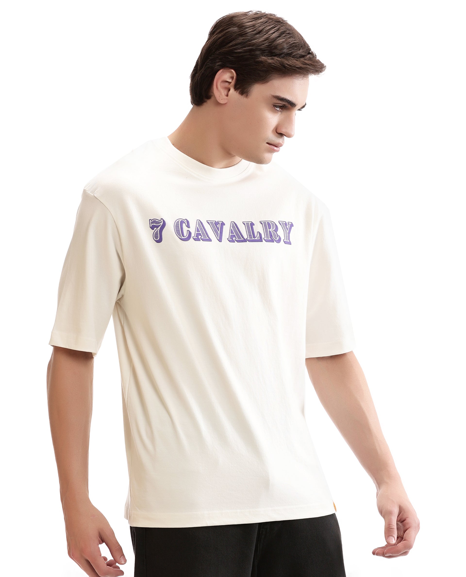 Ivory White Single Jersey Crew Neck Oversized T-Shirt with Deep Purple HD Print
