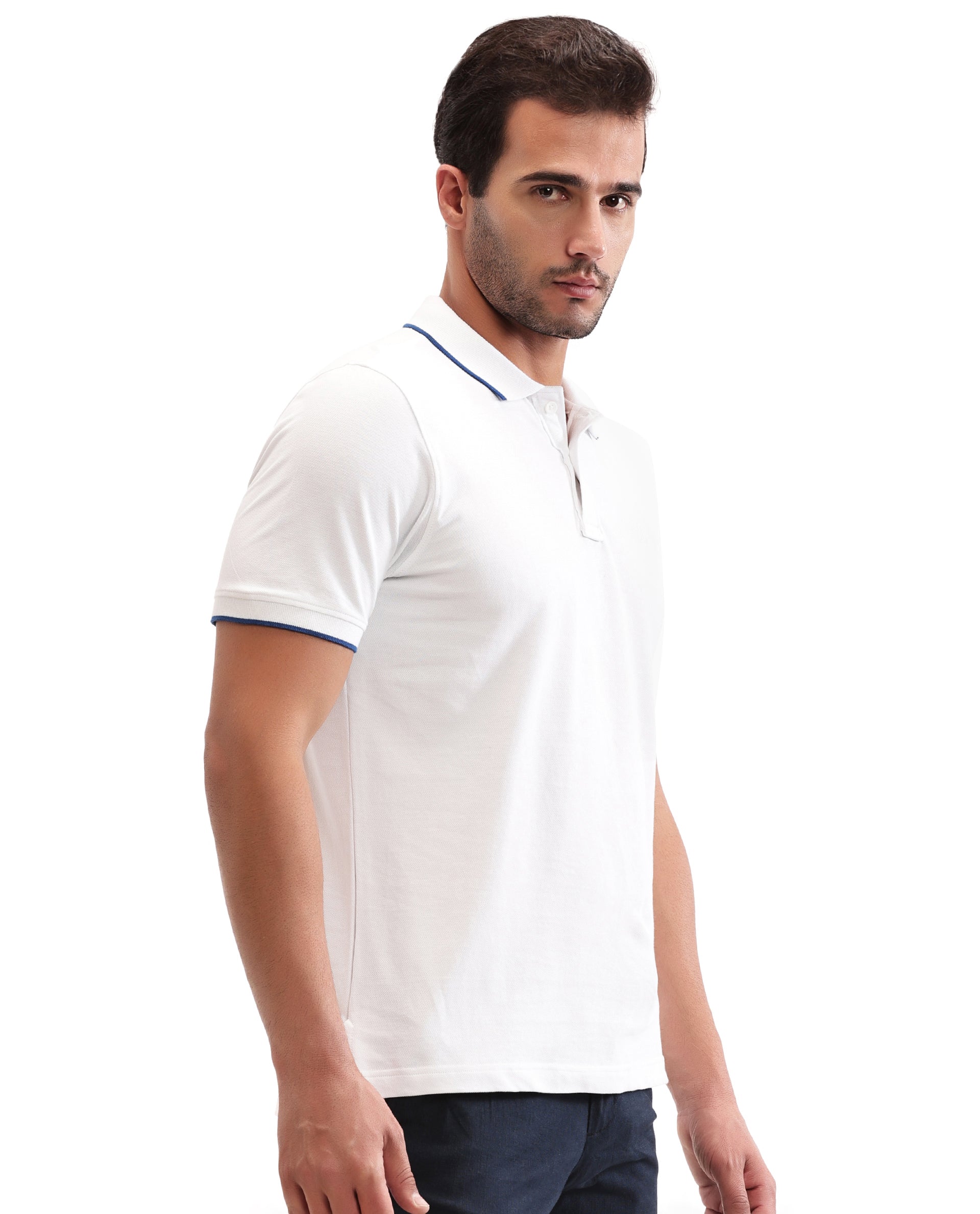 Pure White Pique Polo with Imperial Prussian Blue Collar Piping, Tone-on-Tone 7C Embroidery