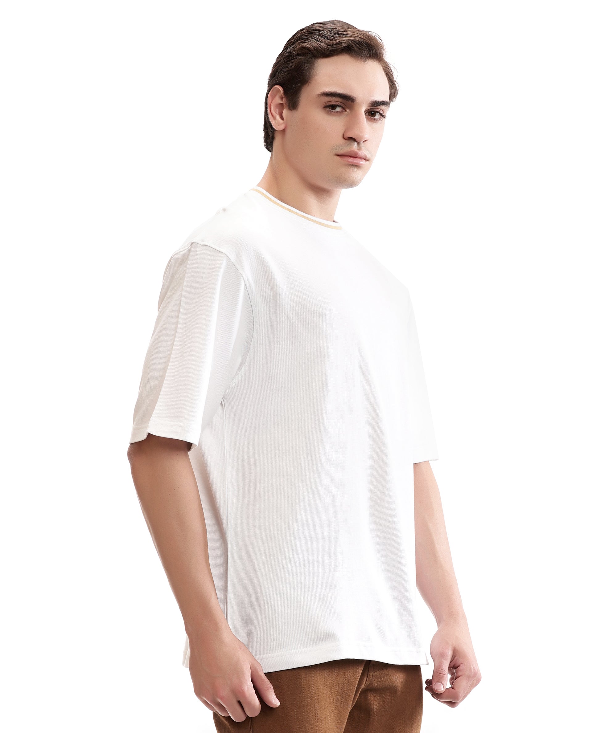 Pure White Pique Crew Neck Oversized T-Shirt with Camel Beige Piping