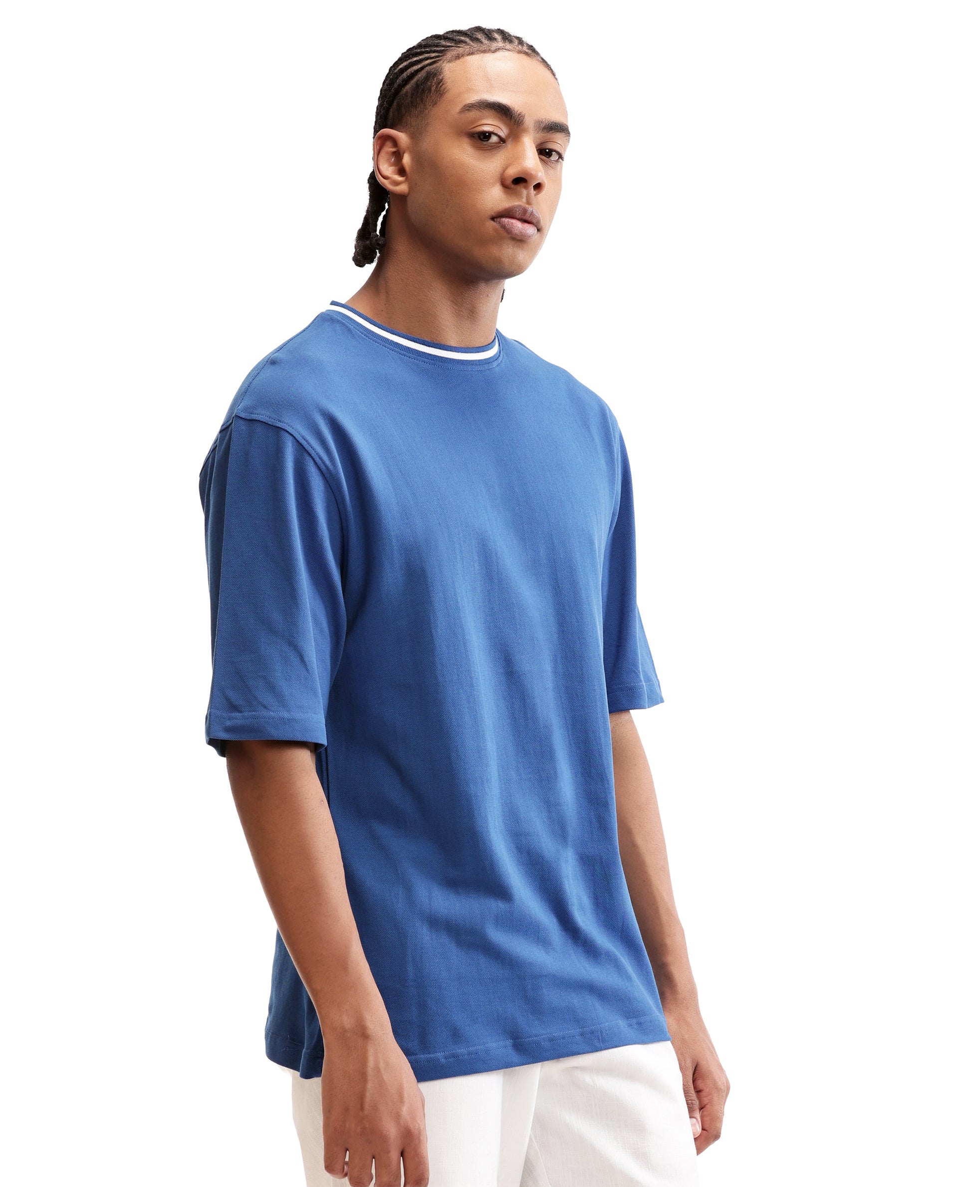 Imperial Prussian Blue Pique Crew Neck Oversized T-Shirt with Pure White Piping