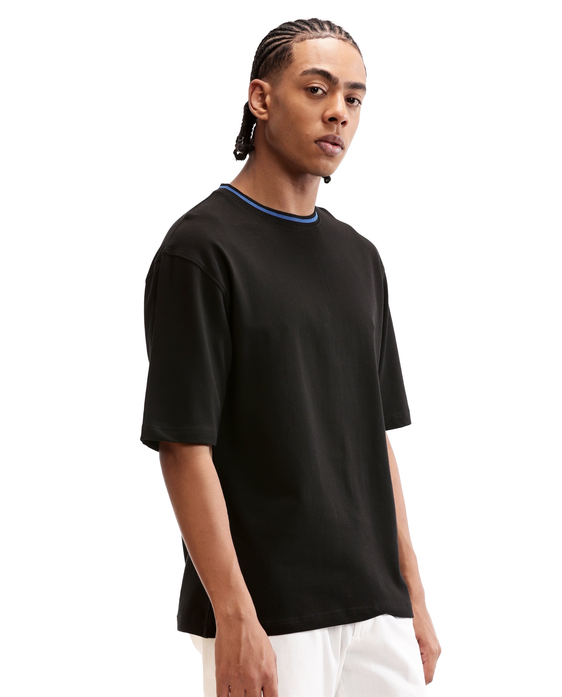 Charcoal Black Pique Crew Neck Oversized T-Shirt with Imperial Prussian Blue Piping