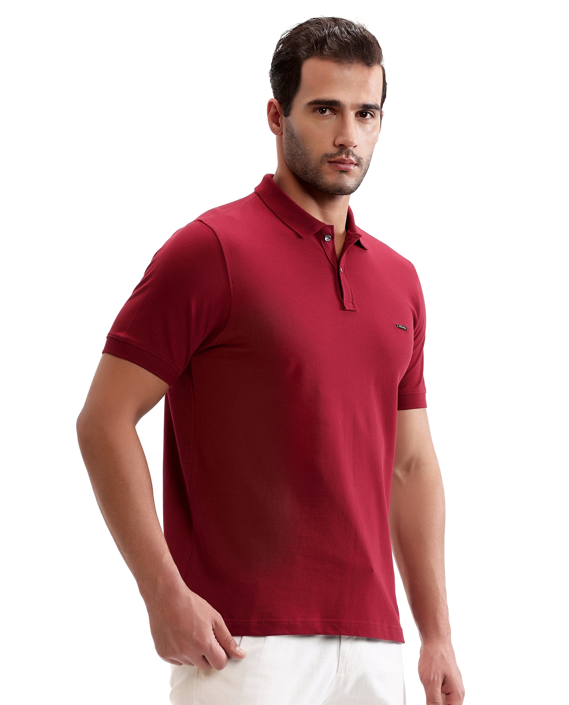 Bordeaux Maroon Pique Polo with Metal Buttons, 7C Metal Badge