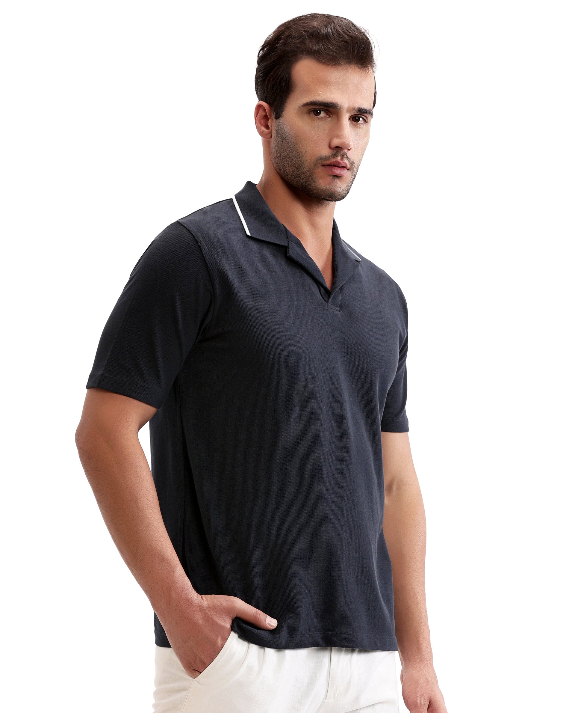 Midnight Navy Blue Johnny Collar Pique Polo with White Collar Piping