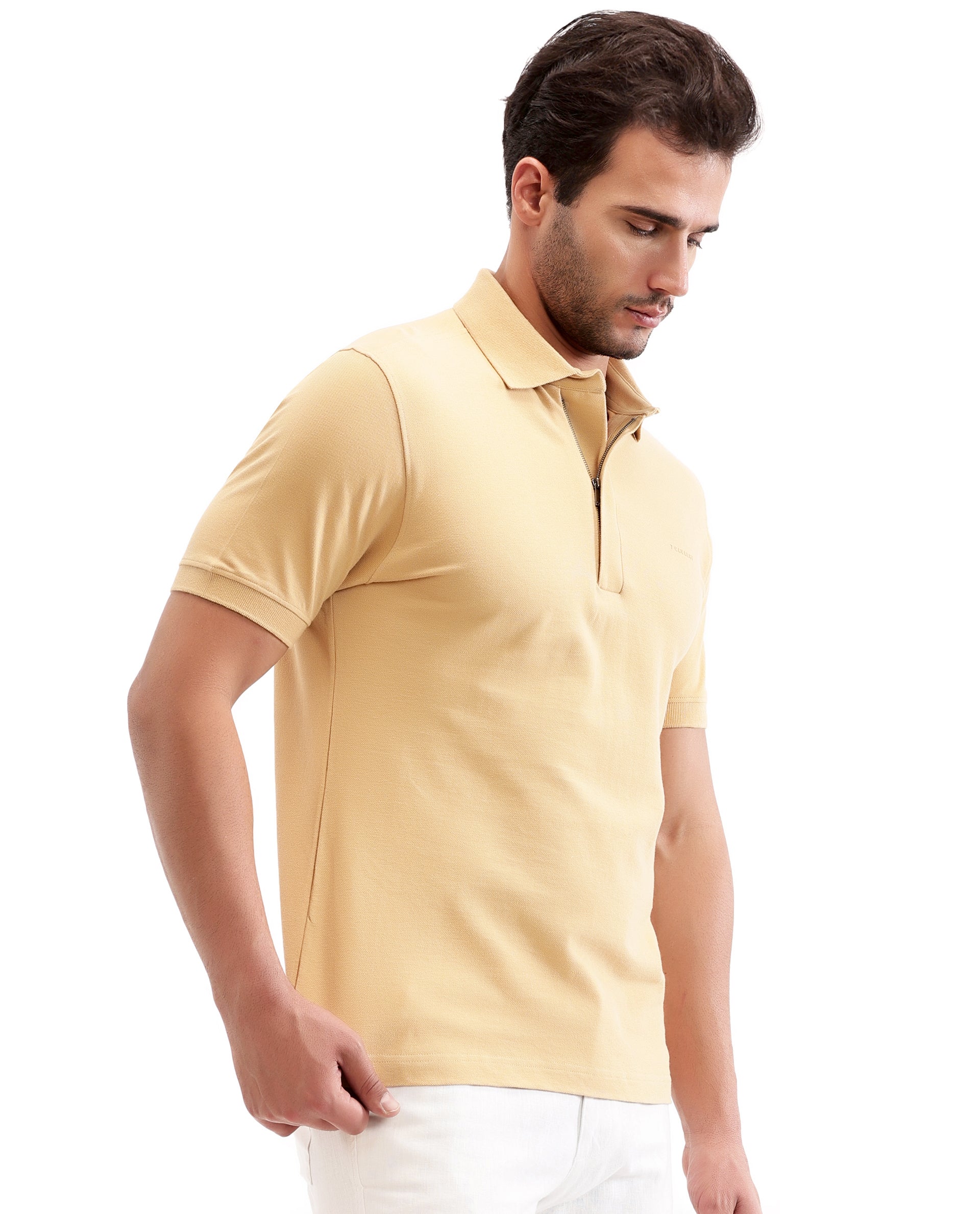 Camel Beige Solid Polo with Concealed 7C Metal Zip, HD Print