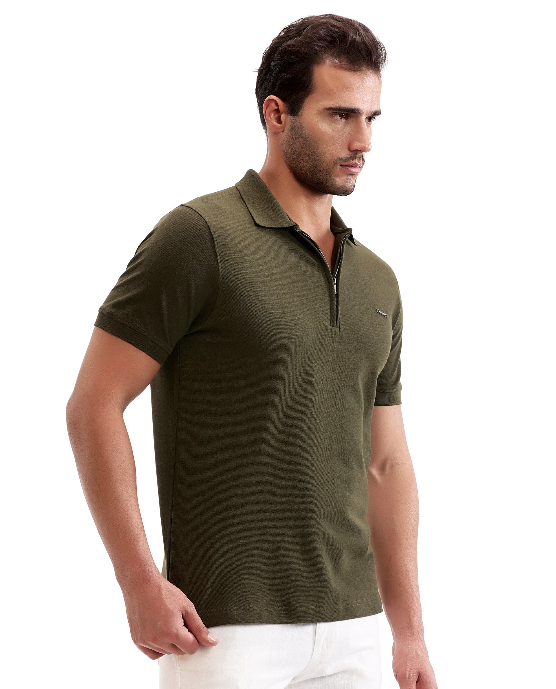 Vintage Olive Pique Polo with 7C Metal Zip, Metal Badge