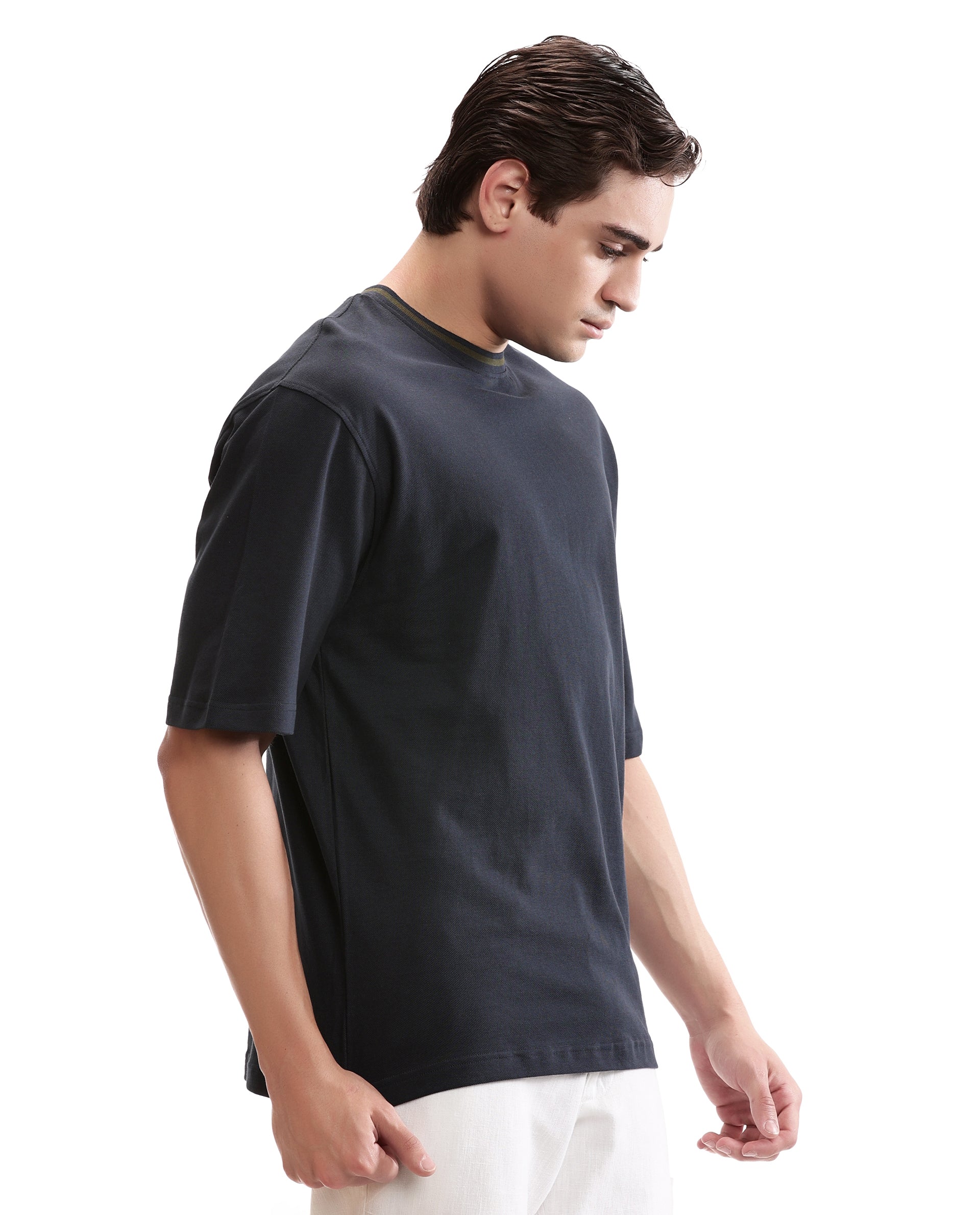 Midnight Navy Blue Pique Crew Neck Oversized T-Shirt with Vintage Olive Piping