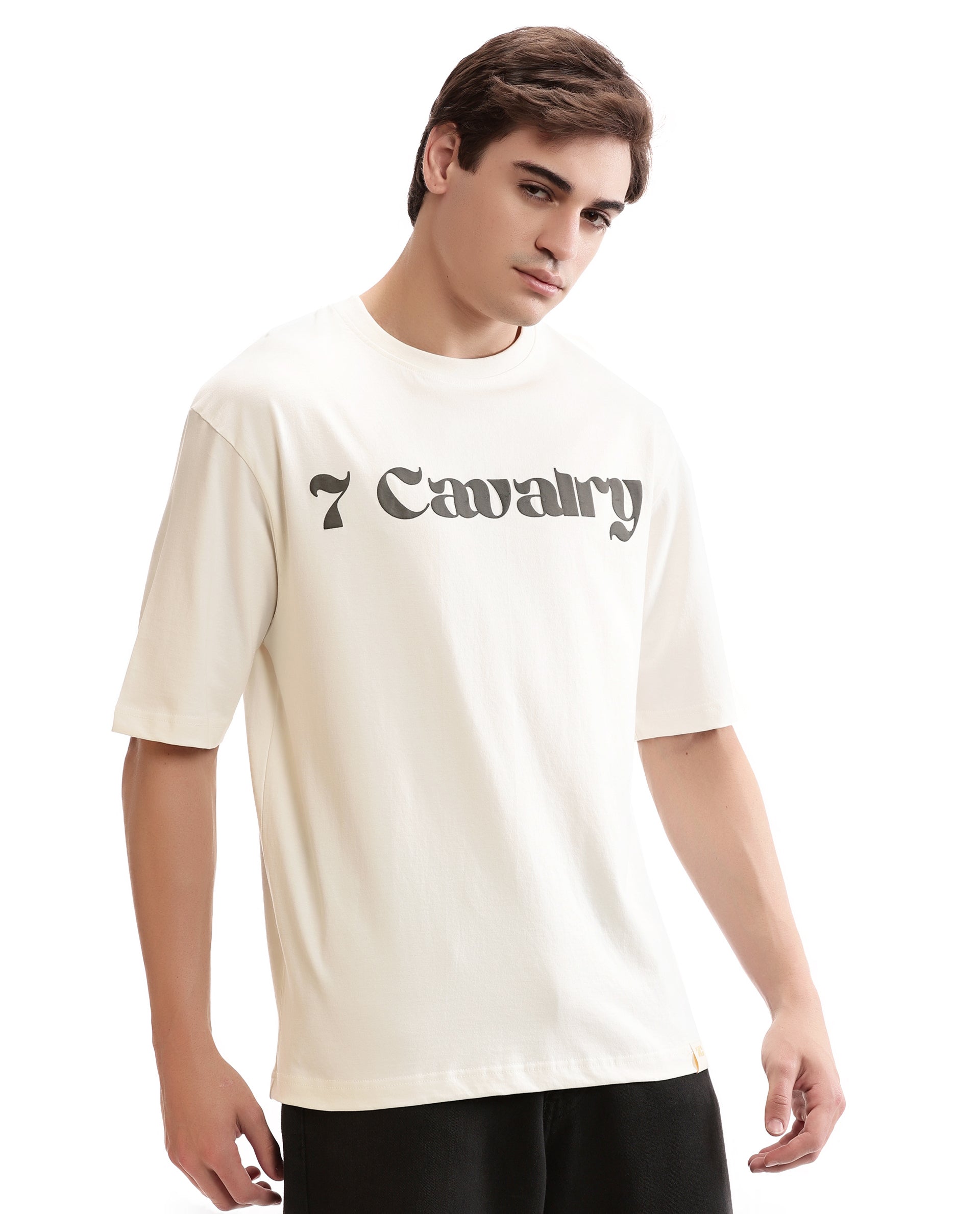 Ivory White Single Jersey Crew Neck Oversized T-Shirt with Charcoal Black Puff Print
