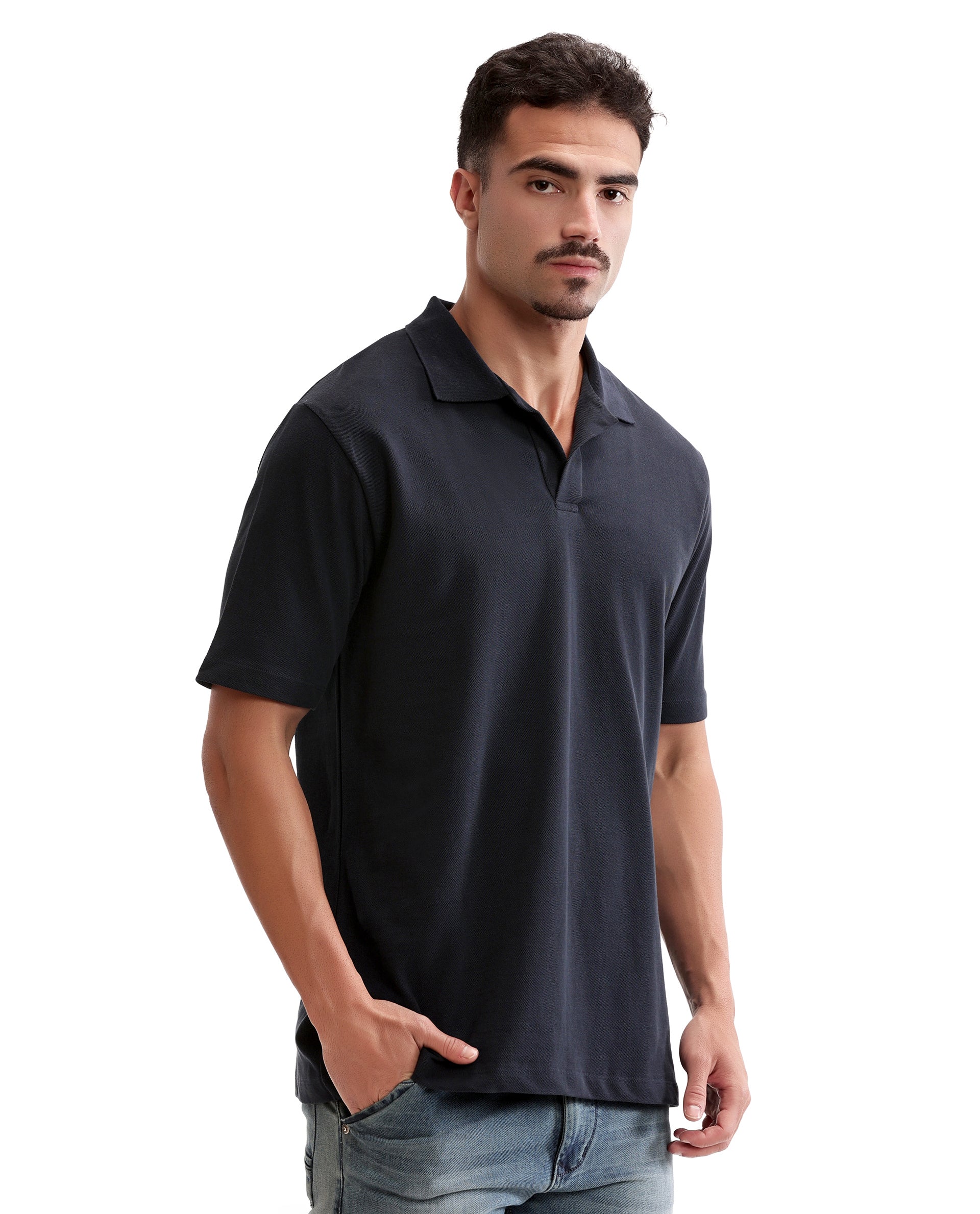 Midnight Navy Blue Pique Johnny Collar Polo