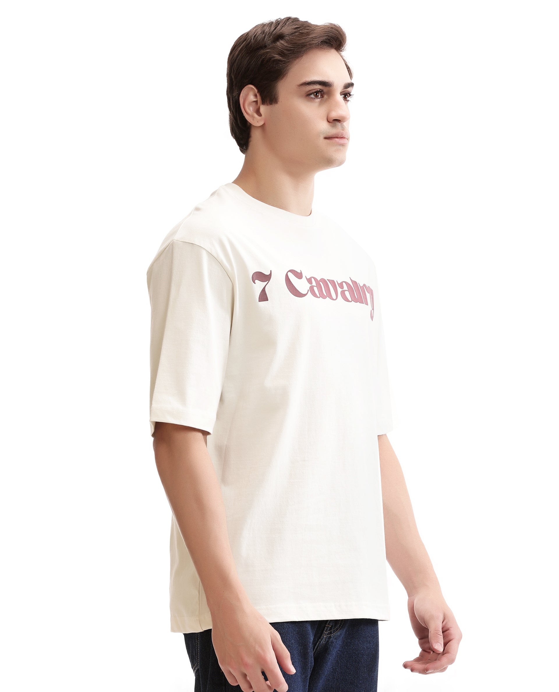 Ivory White Single Jersey Crew Neck Oversized T-Shirt with Bordeaux Maroon Puff Print
