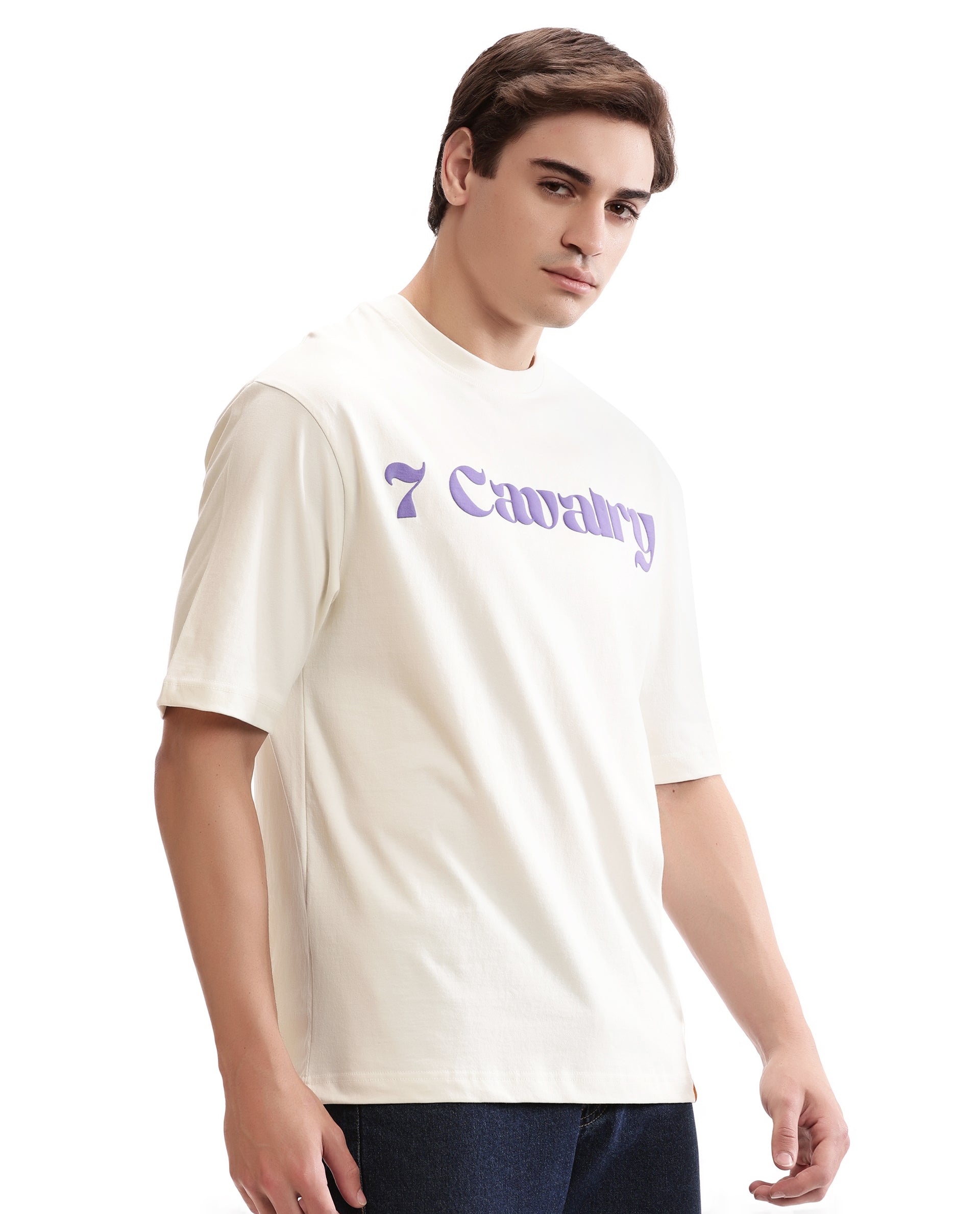 Ivory White Single Jersey Crew Neck Oversized T-Shirt with Deep Purple Puff Print