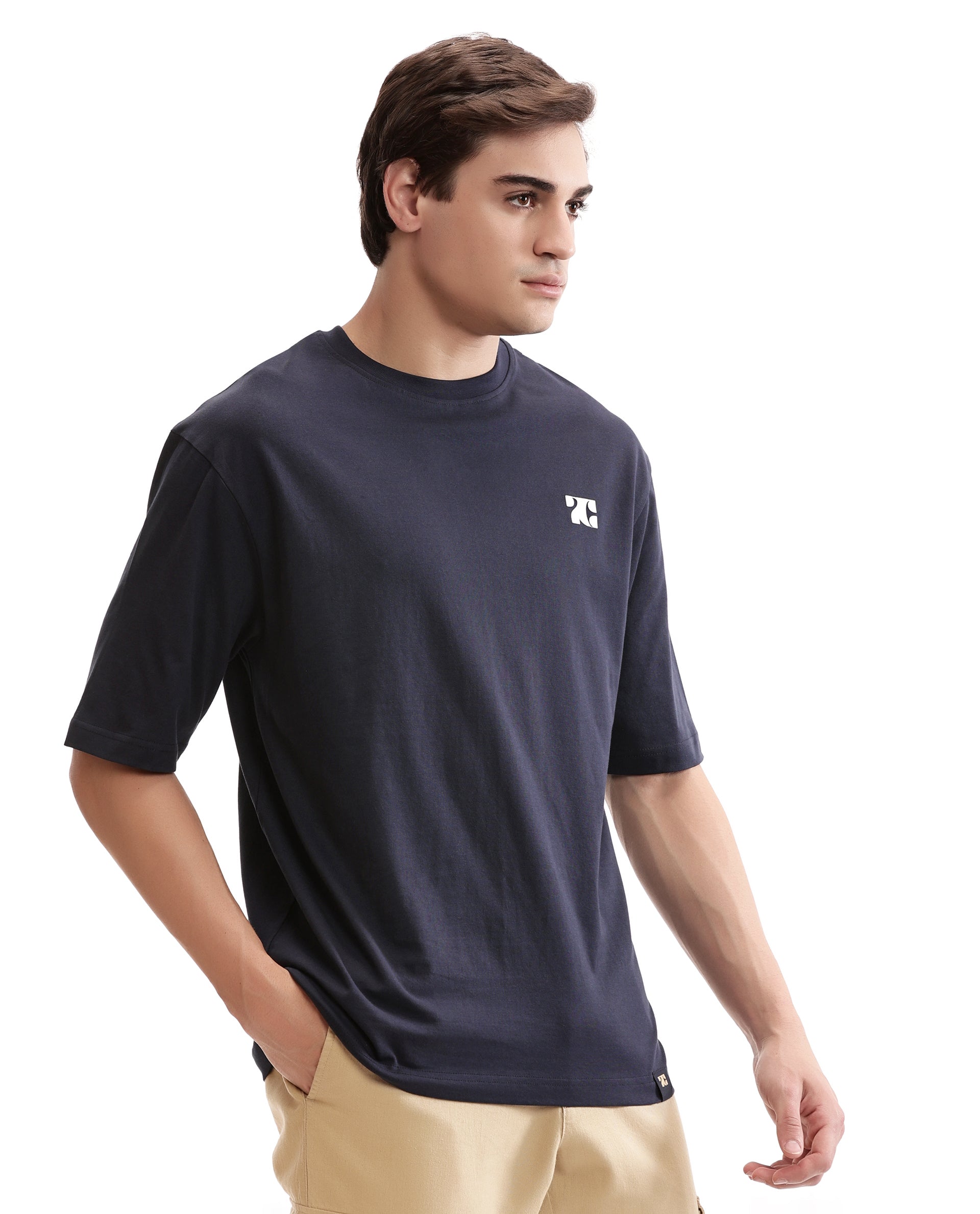 Midnight Navy Blue Single Jersey Crew Neck Oversized T-Shirt with Pure White HD Print
