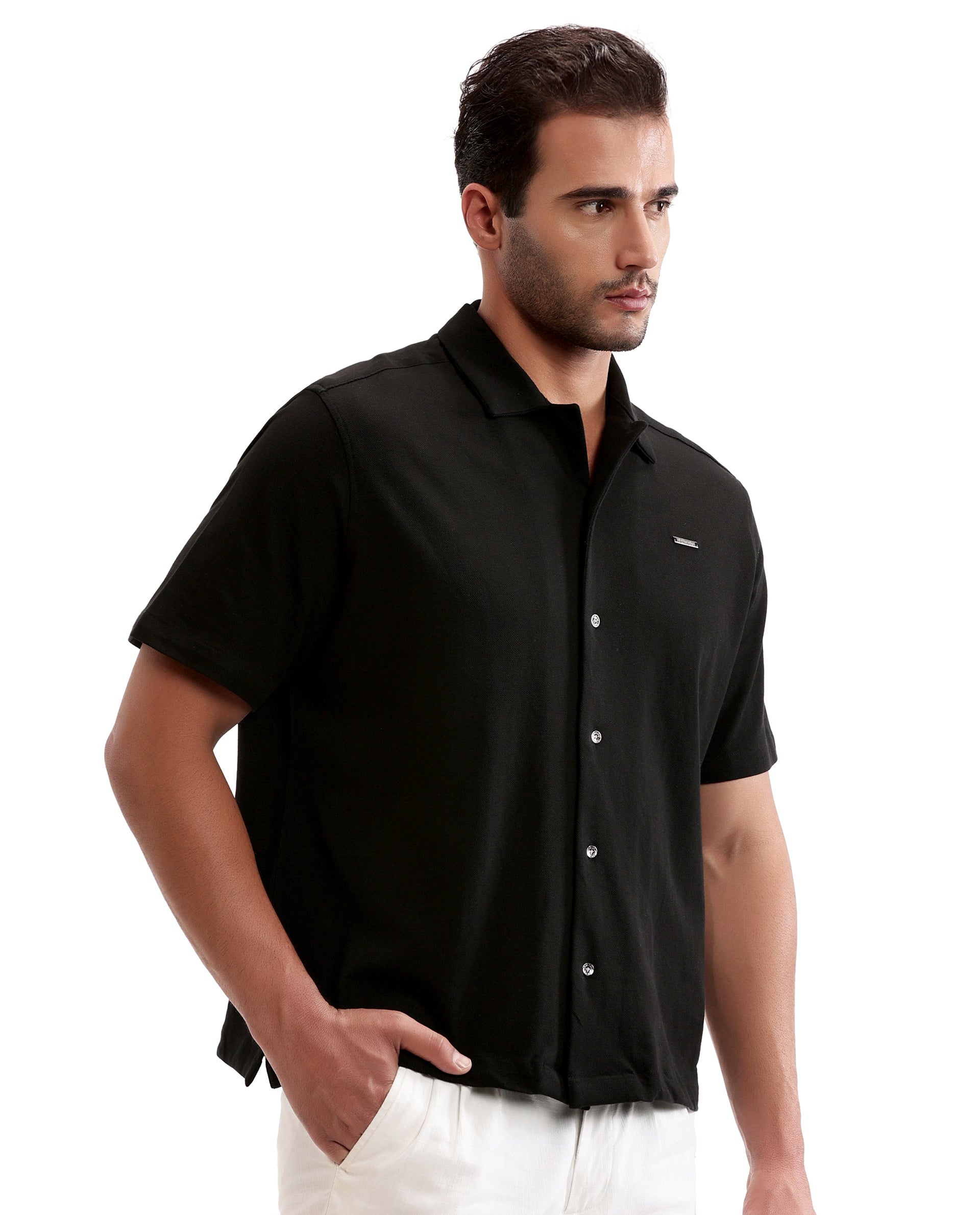 Charcoal Black Pique Knit Shirt with 7C Metal Buttons, Gun Metal Badge