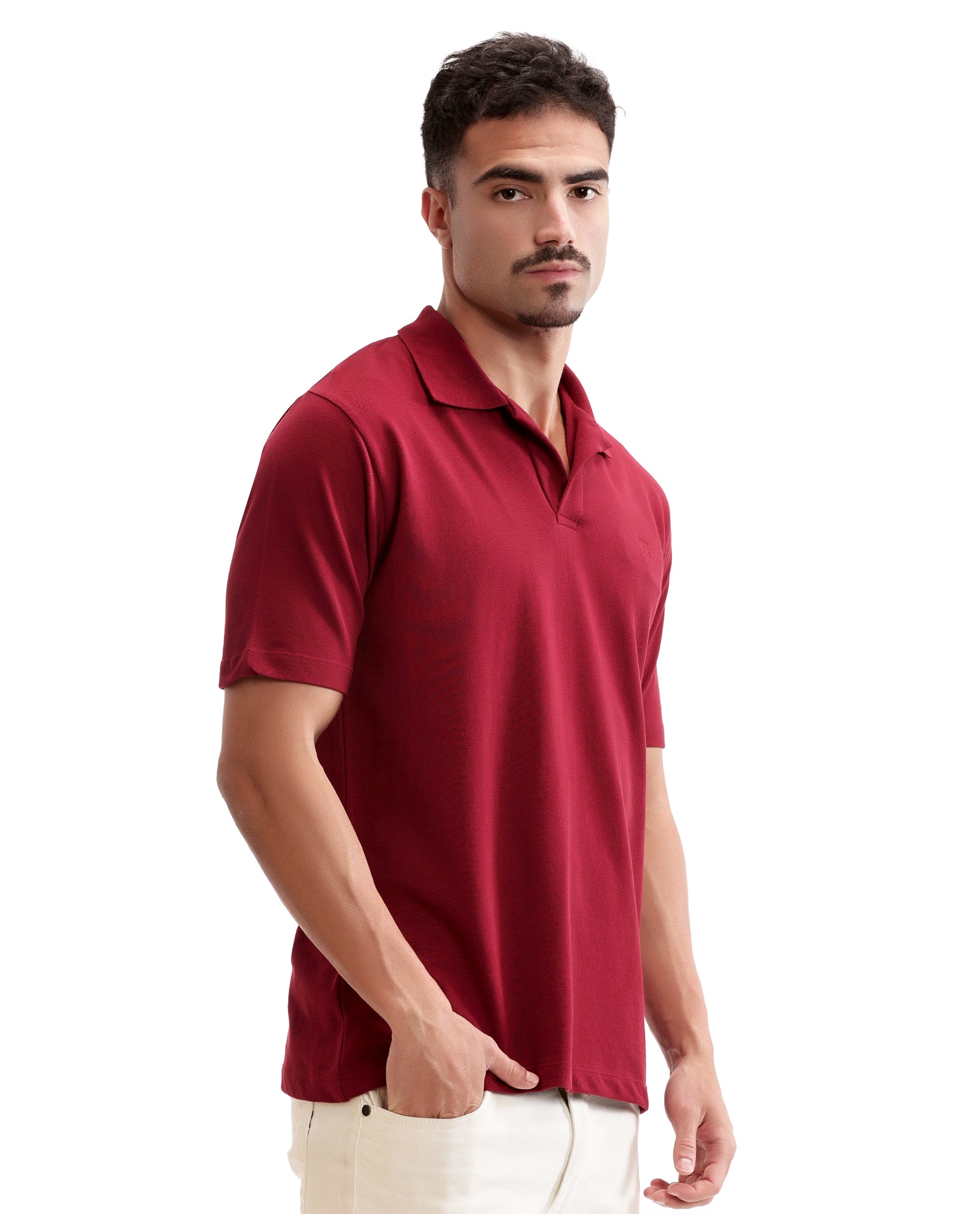 Bordeaux Maroon Johnny Collar Pique Polo with Tone-on-Tone 7C Embroidery