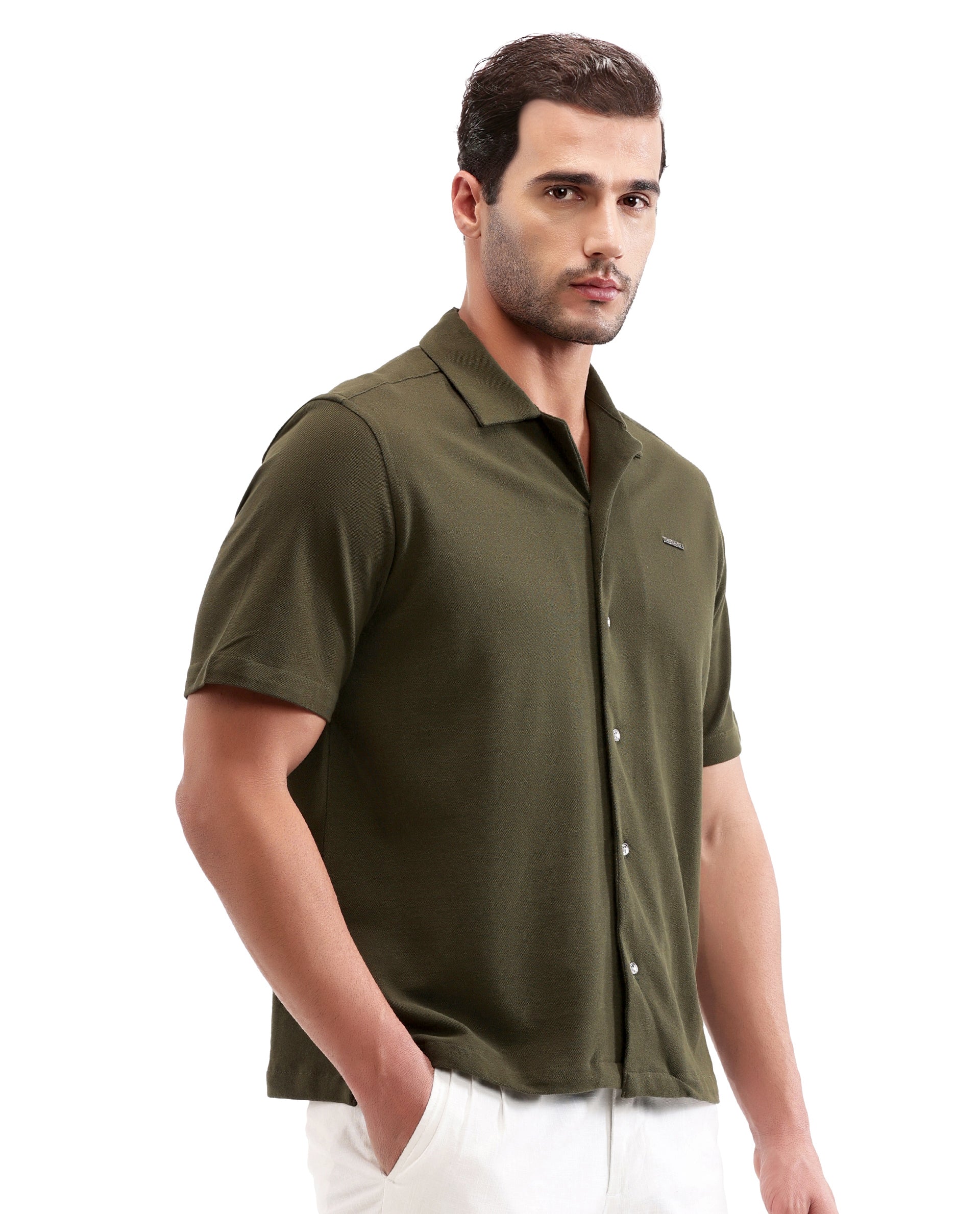 Vintage Olive Pique Knit Shirt with 7C Metal Buttons, Gun Metal Badge