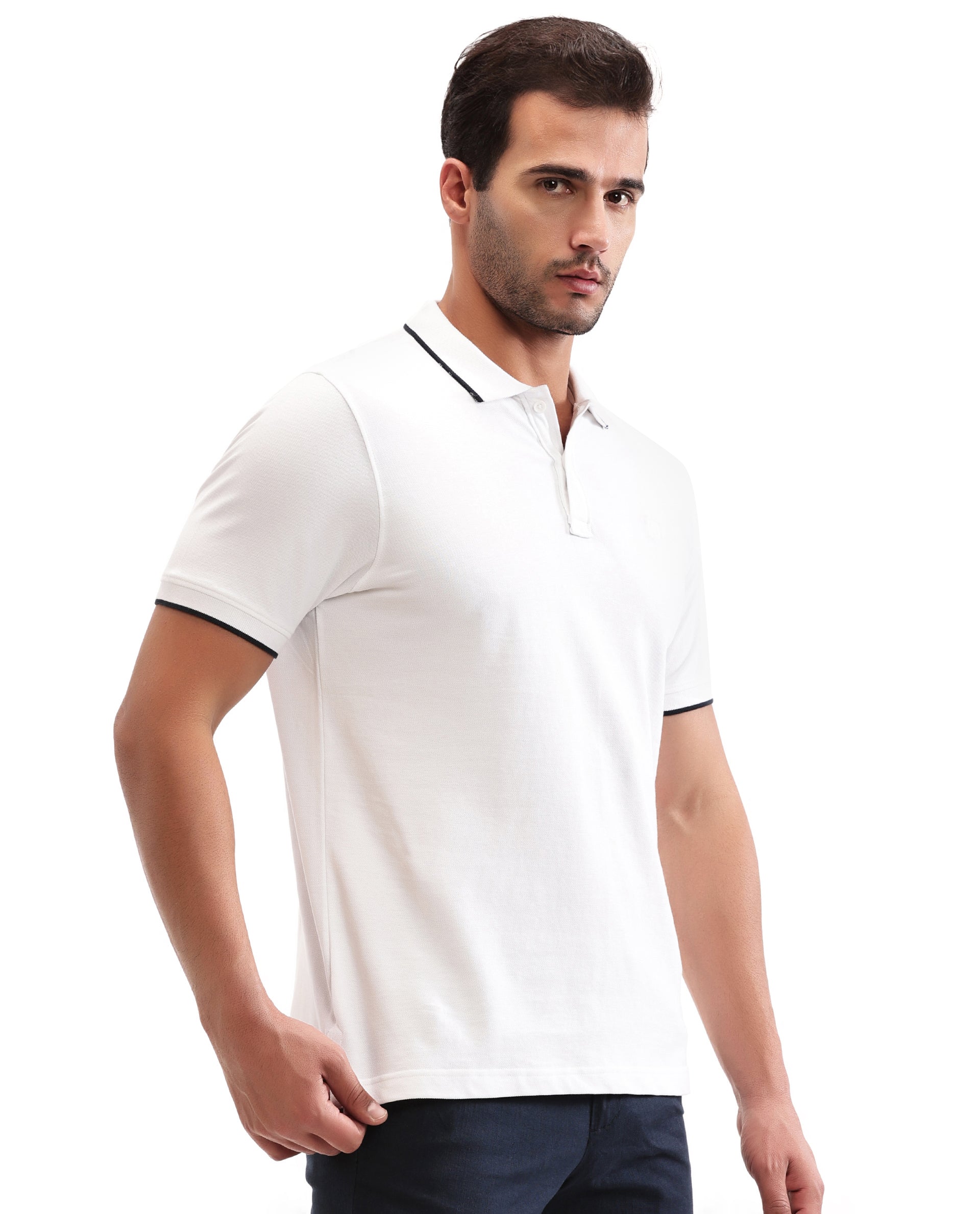 Pure White Pique Polo with Midnight Navy Blue Collar Piping, Tone-on-Tone 7C Embroidery