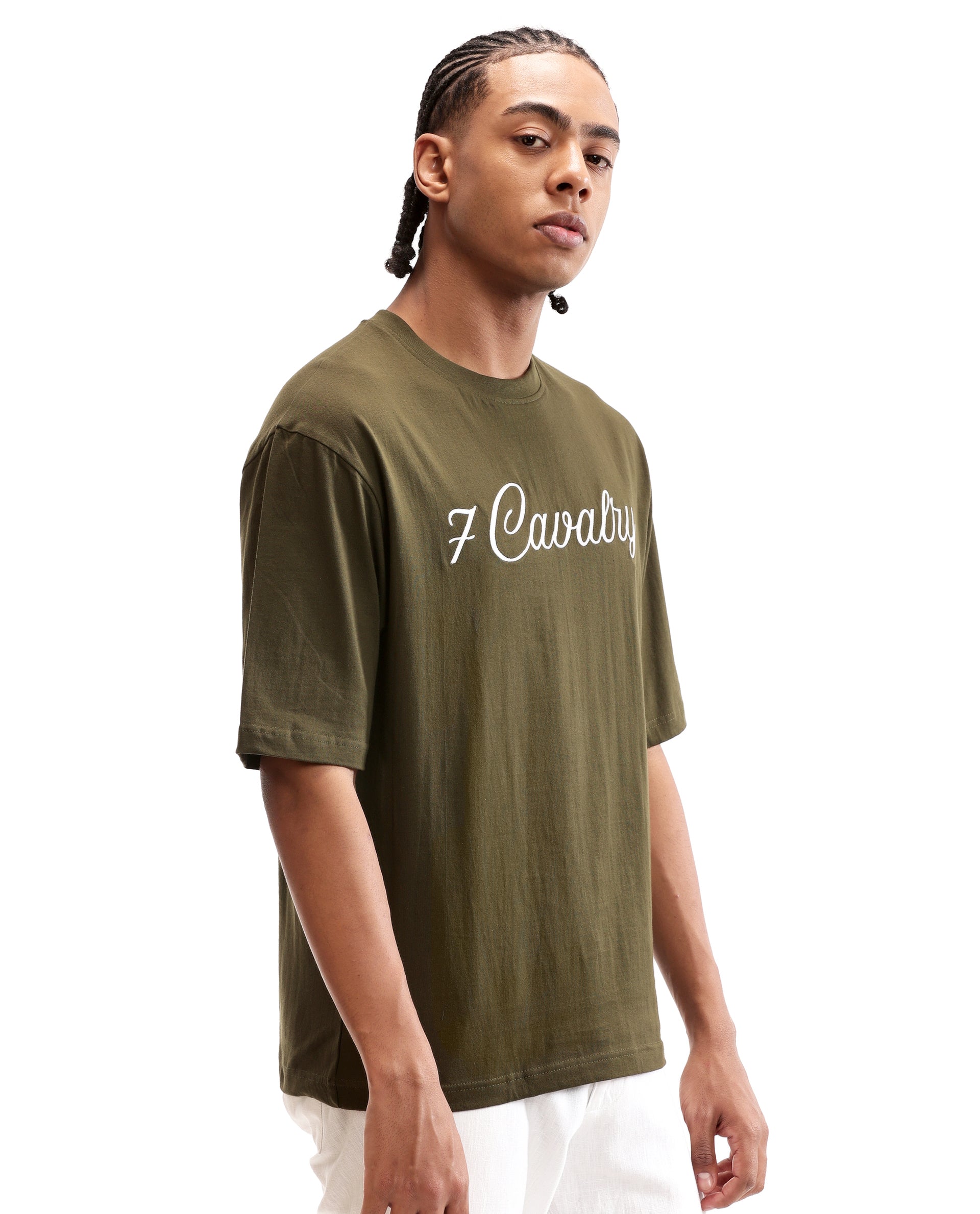 Vintage Olive Single Jersey Crew Neck Oversized T-Shirt with Pure White Embroidery