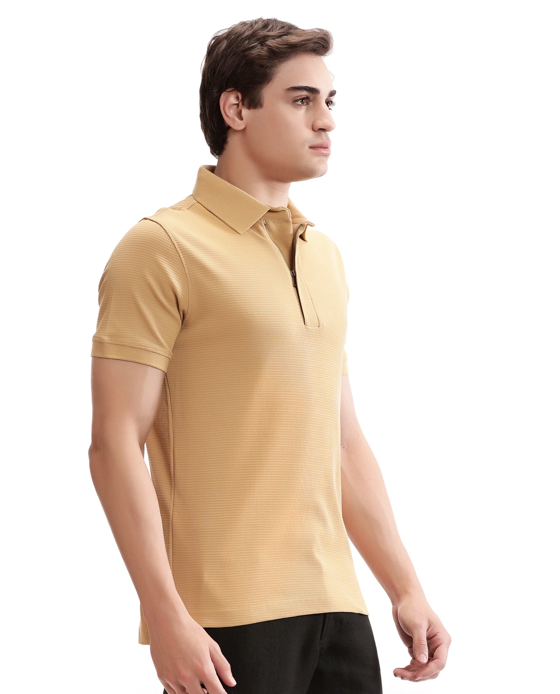 Camel Beige Knitted Waffle Polo with 7C Metal Zip