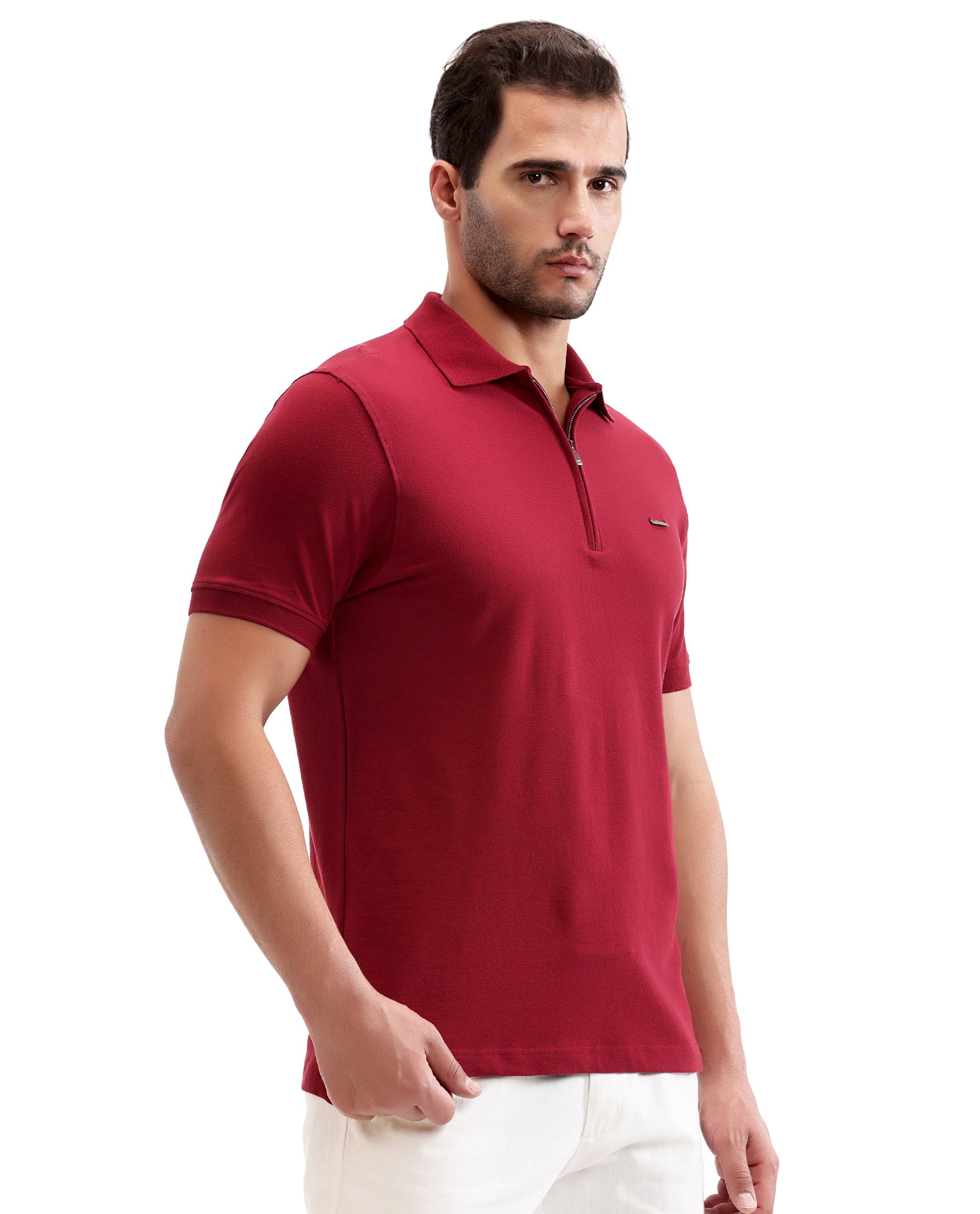 Bordeaux Maroon Pique Polo with 7C Metal Zip, Metal Badge