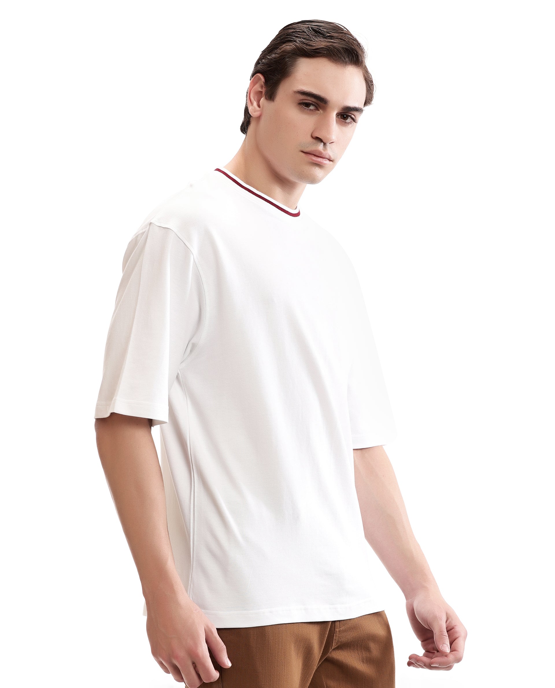 Pure White Pique Crew Neck Oversized T-Shirt with Bordeaux Maroon Piping
