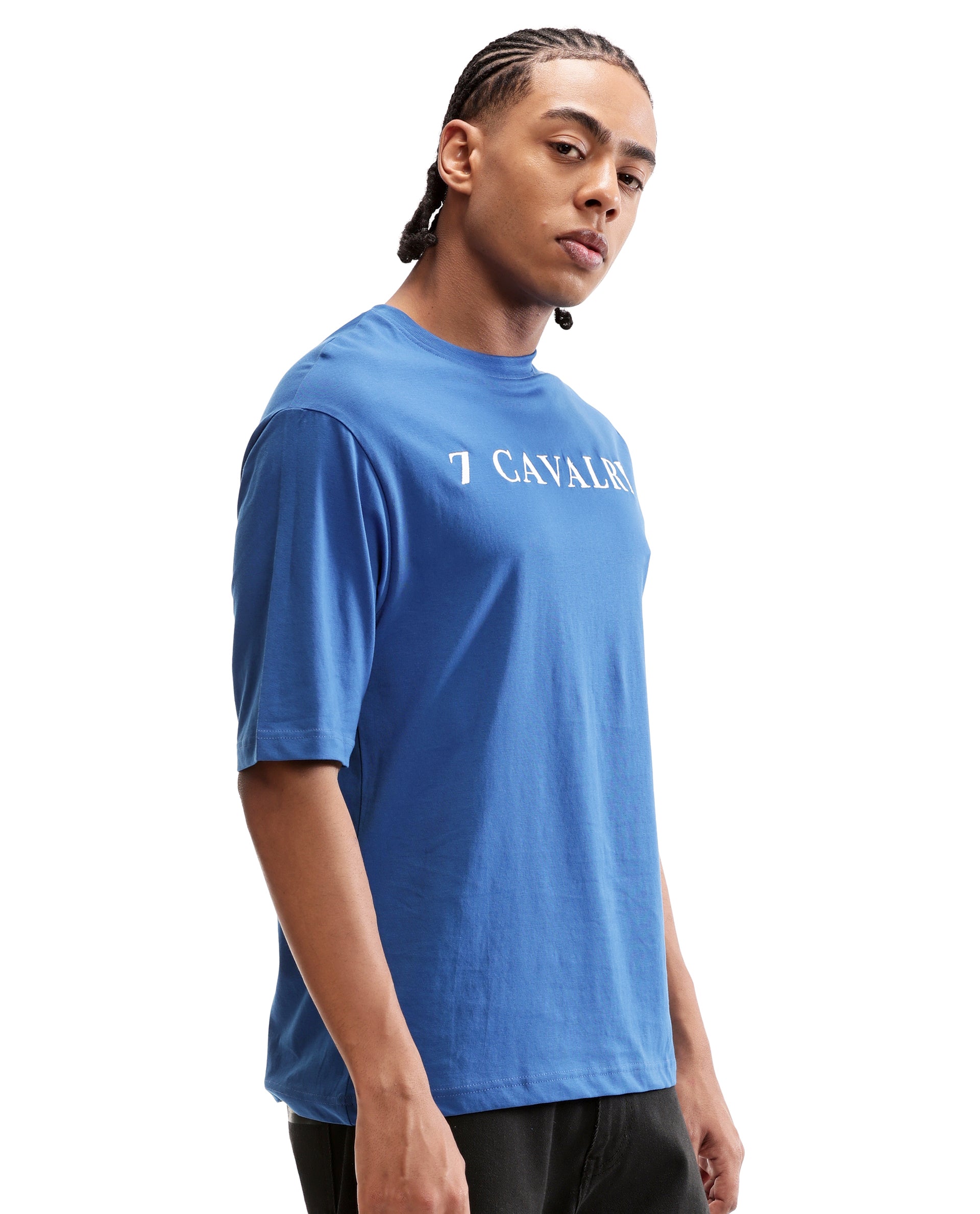 Imperial Prussian Blue Single Jersey Crew Neck Oversized T-Shirt with Pure White Embroidery